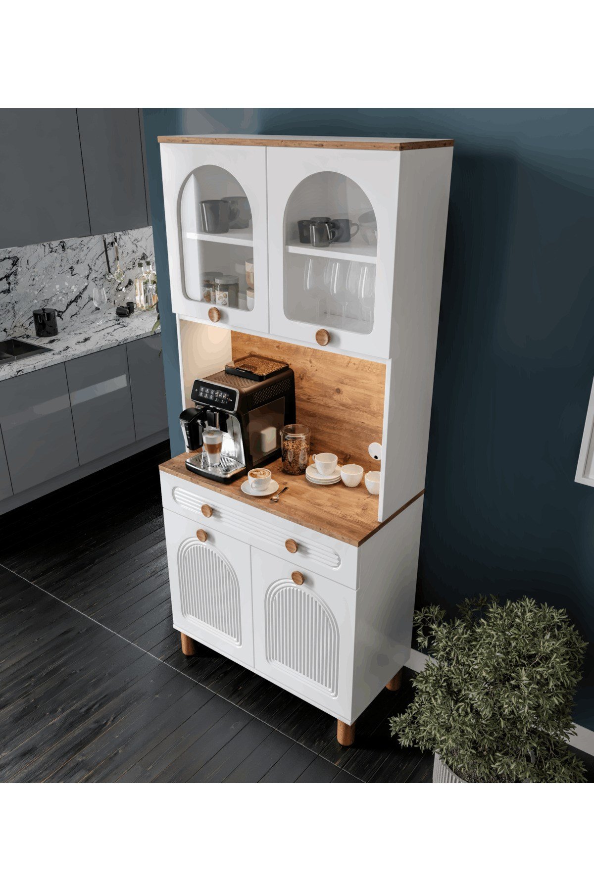  MaceraMobilya Çok Amaçlı Dolap 2 Kapaklı Kahve Köşesi – 93 cm MDF, LED Aydınlatmalı, Çok Amaçlı Mutfak ve Airfryer Dolabı