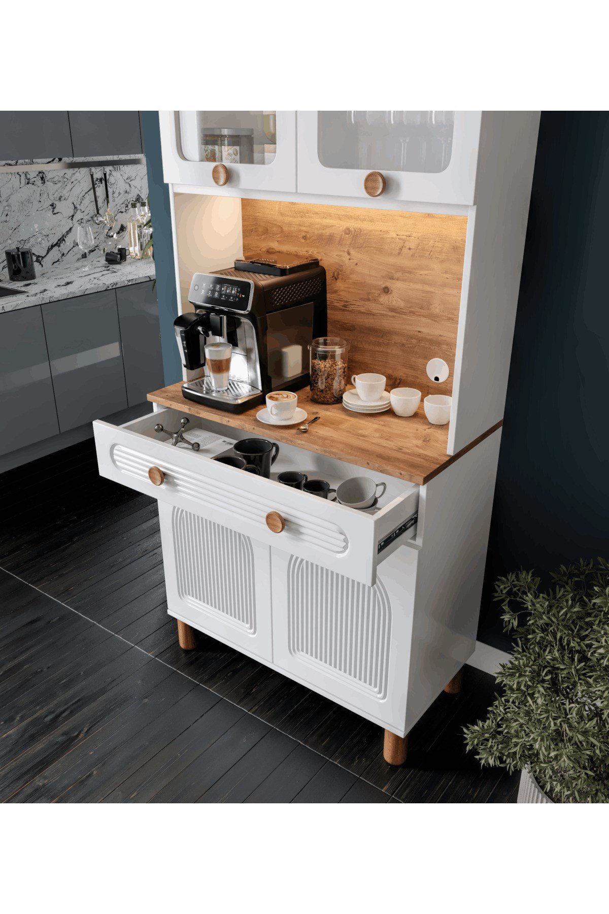 MaceraMobilya Çok Amaçlı Dolap 2 Kapaklı Kahve Köşesi – 93 cm MDF, LED Aydınlatmalı, Çok Amaçlı Mutfak ve Airfryer Dolabı