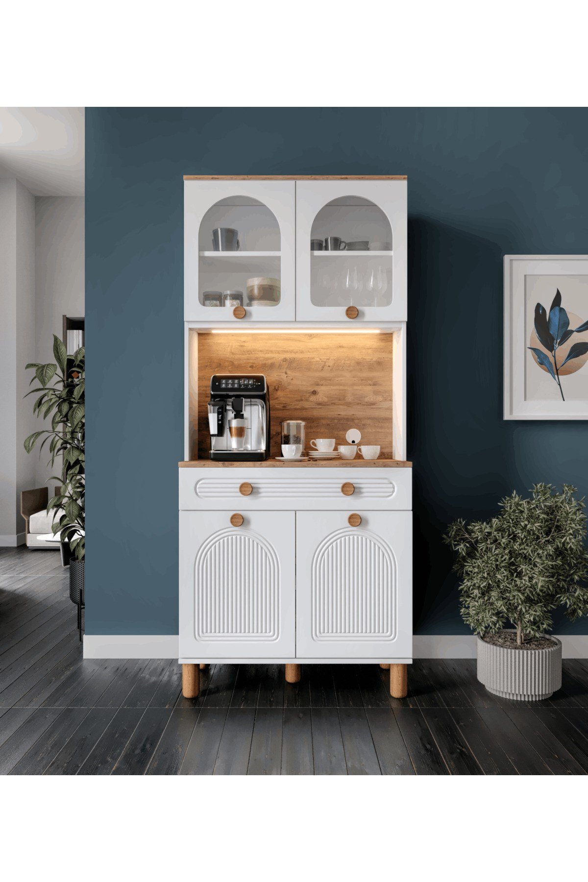  MaceraMobilya Çok Amaçlı Dolap 2 Kapaklı Kahve Köşesi – 93 cm MDF, LED Aydınlatmalı, Çok Amaçlı Mutfak ve Airfryer Dolabı