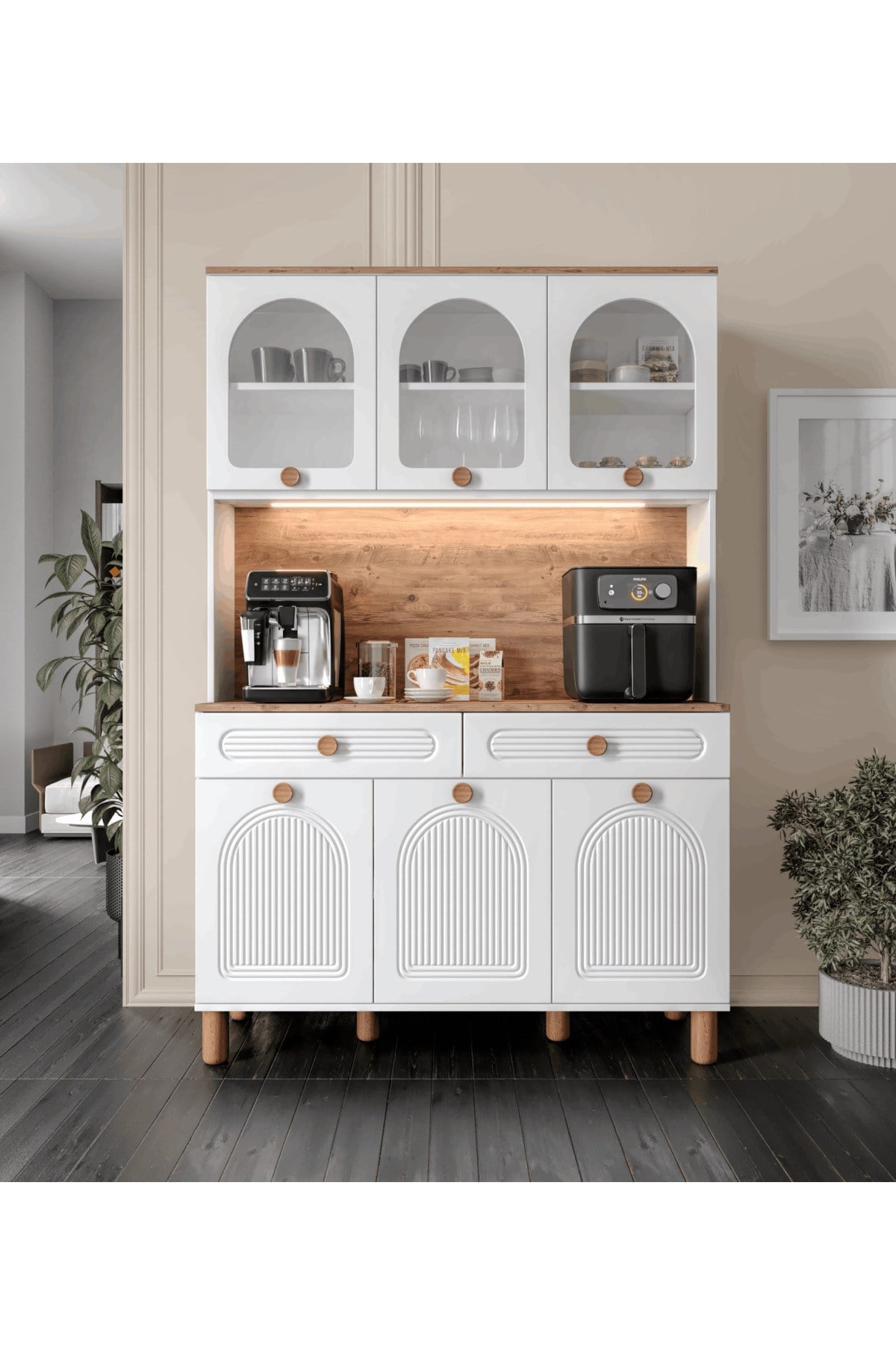  MaceraMobilya Çok Amaçlı Dolap 3 Kapaklı Kahve Köşesi – 140 cm MDF, LED Aydınlatmalı, Çok Amaçlı Mutfak ve Airfryer Dolabı