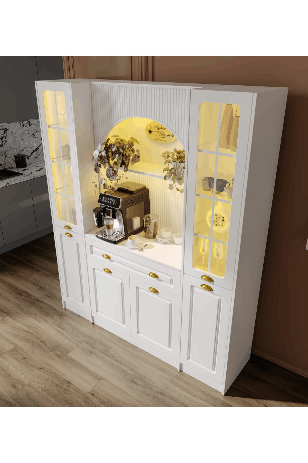  MaceraMobilya Çok Amaçlı Dolap Armoni Gold Maxi Kahve Köşesi Komple MDF
