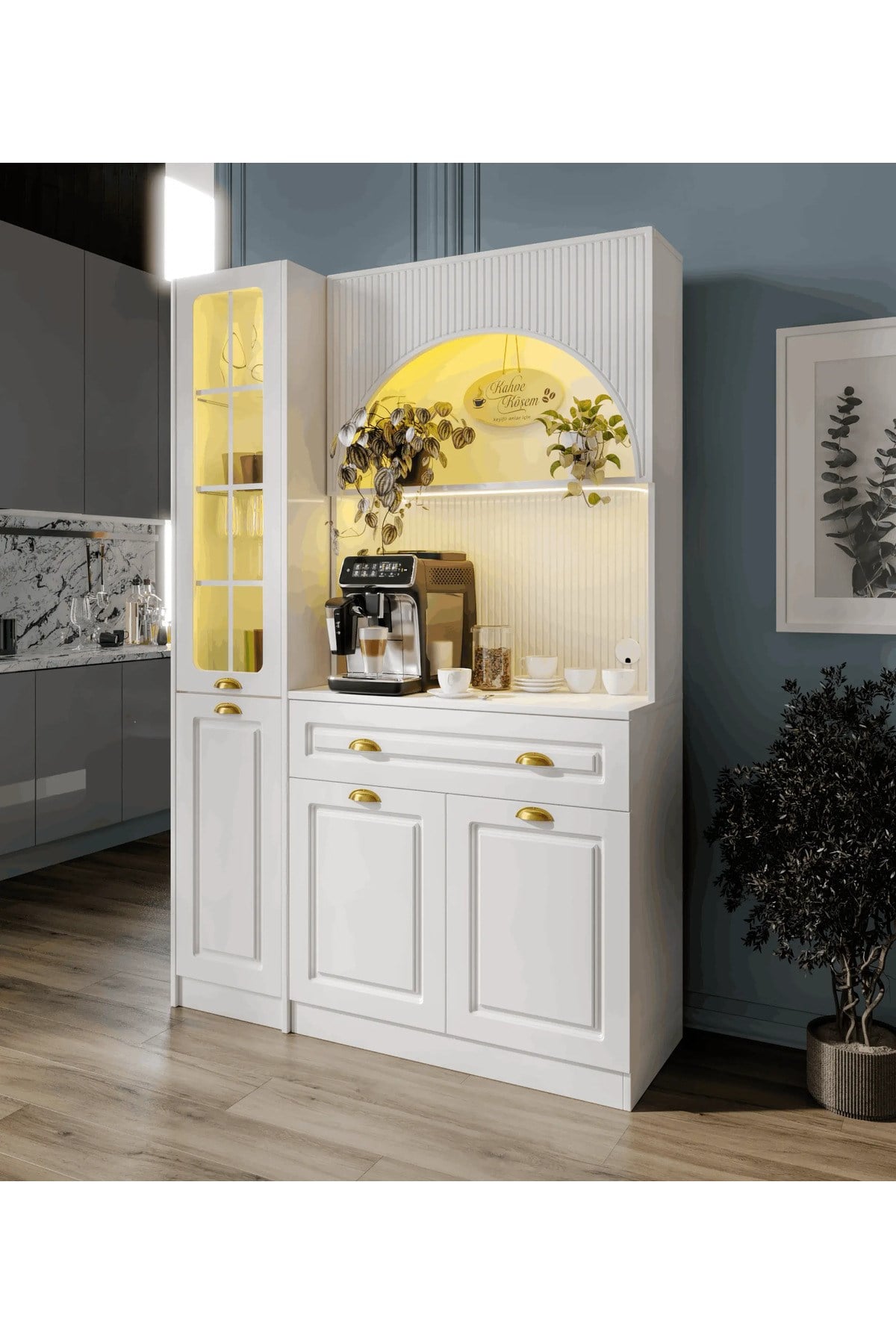  MaceraMobilya Çok Amaçlı Dolap Armoni Gold Midi Kahve Köşesi Sol Vitrinli Komple MDF