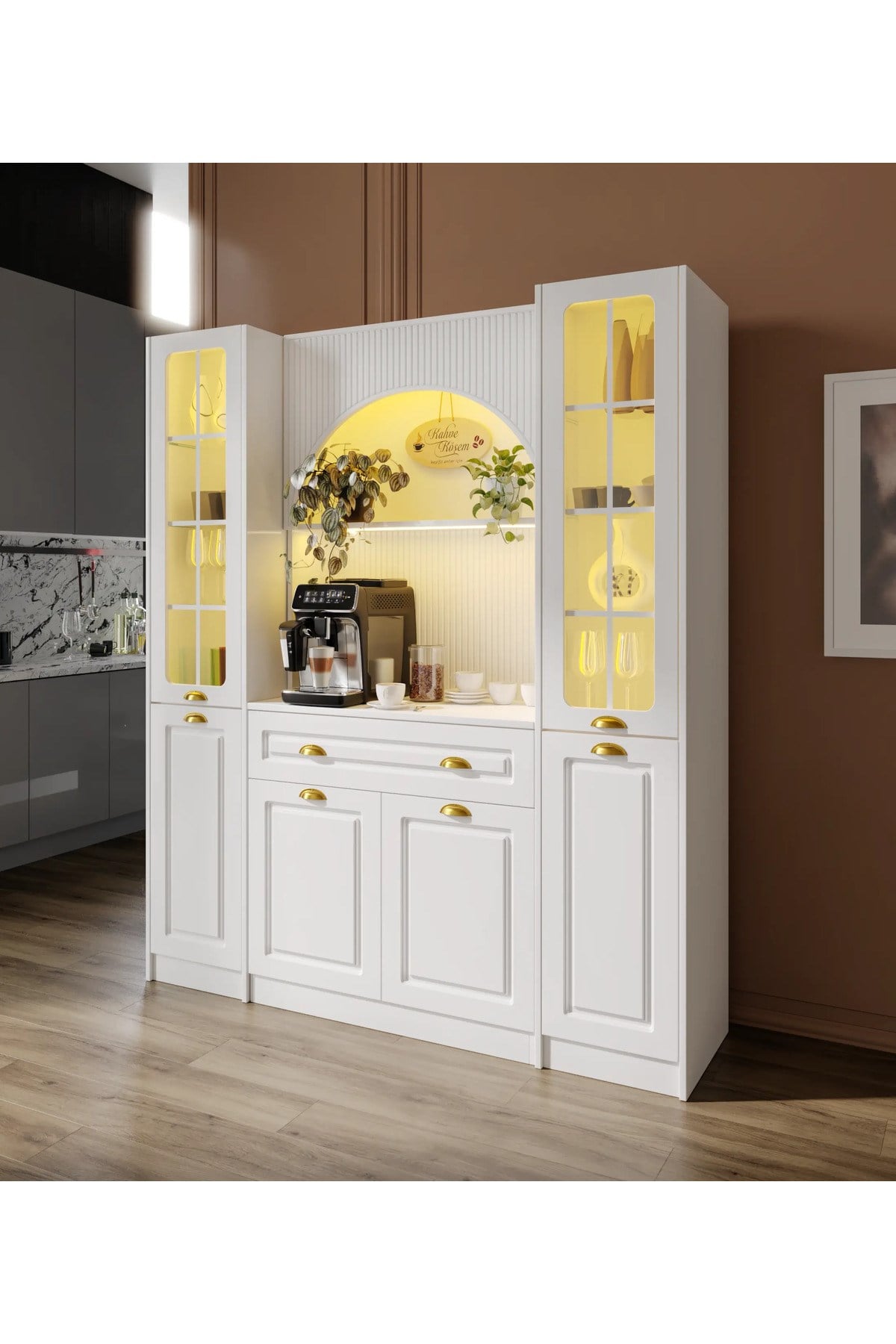  MaceraMobilya Çok Amaçlı Dolap Armoni Gold Maxi Kahve Köşesi Komple MDF
