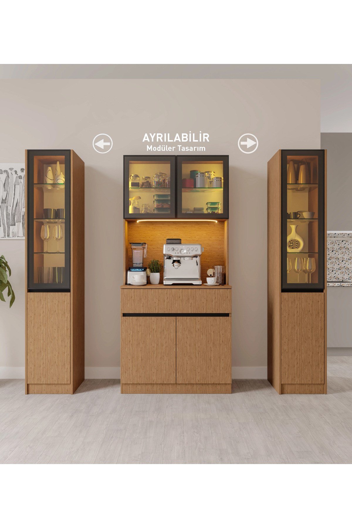  MaceraMobilya Çok Amaçlı Dolap Bambu Maxi Komple MDF LED Aydınlatmalı Kahve Köşesi