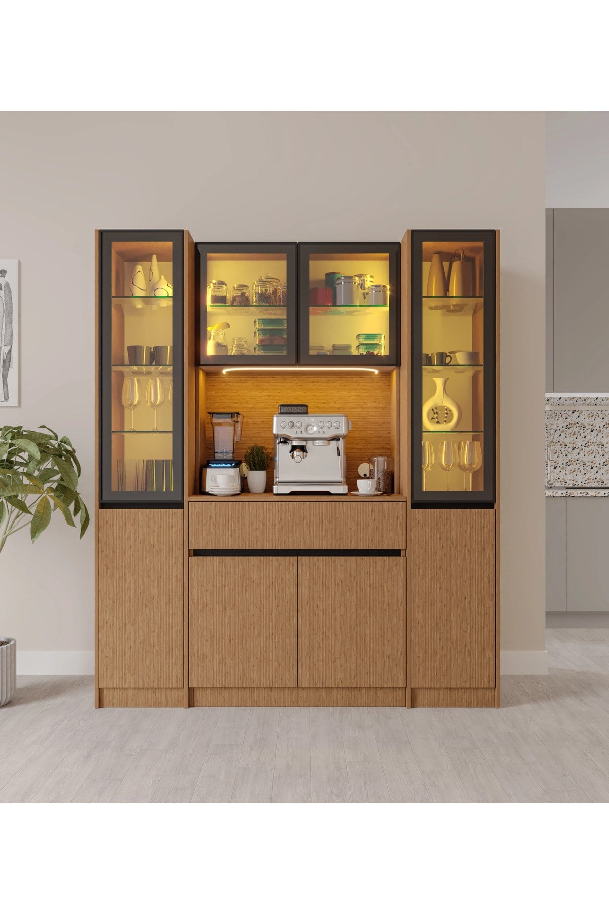  MaceraMobilya Çok Amaçlı Dolap Bambu Maxi Komple MDF LED Aydınlatmalı Kahve Köşesi