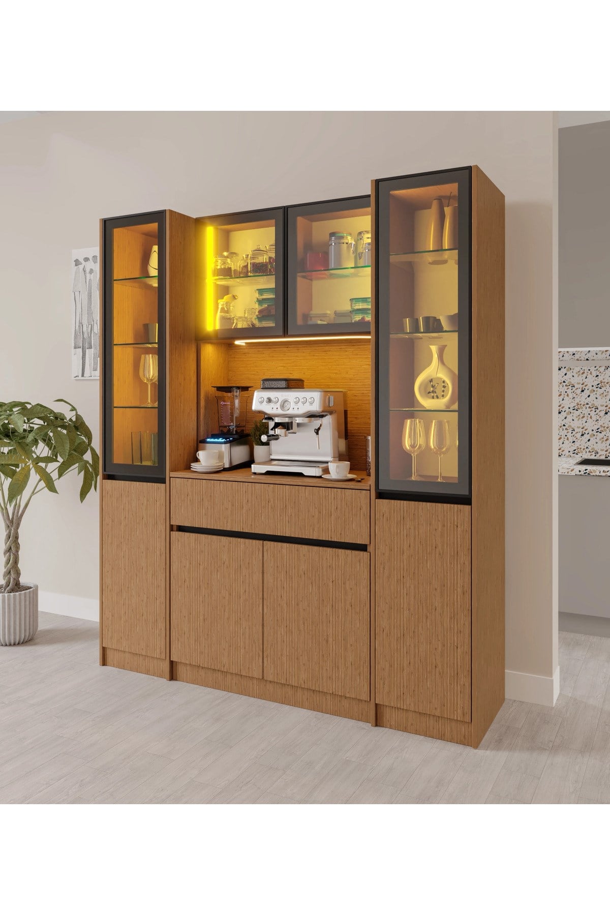  MaceraMobilya Çok Amaçlı Dolap Bambu Maxi Komple MDF LED Aydınlatmalı Kahve Köşesi