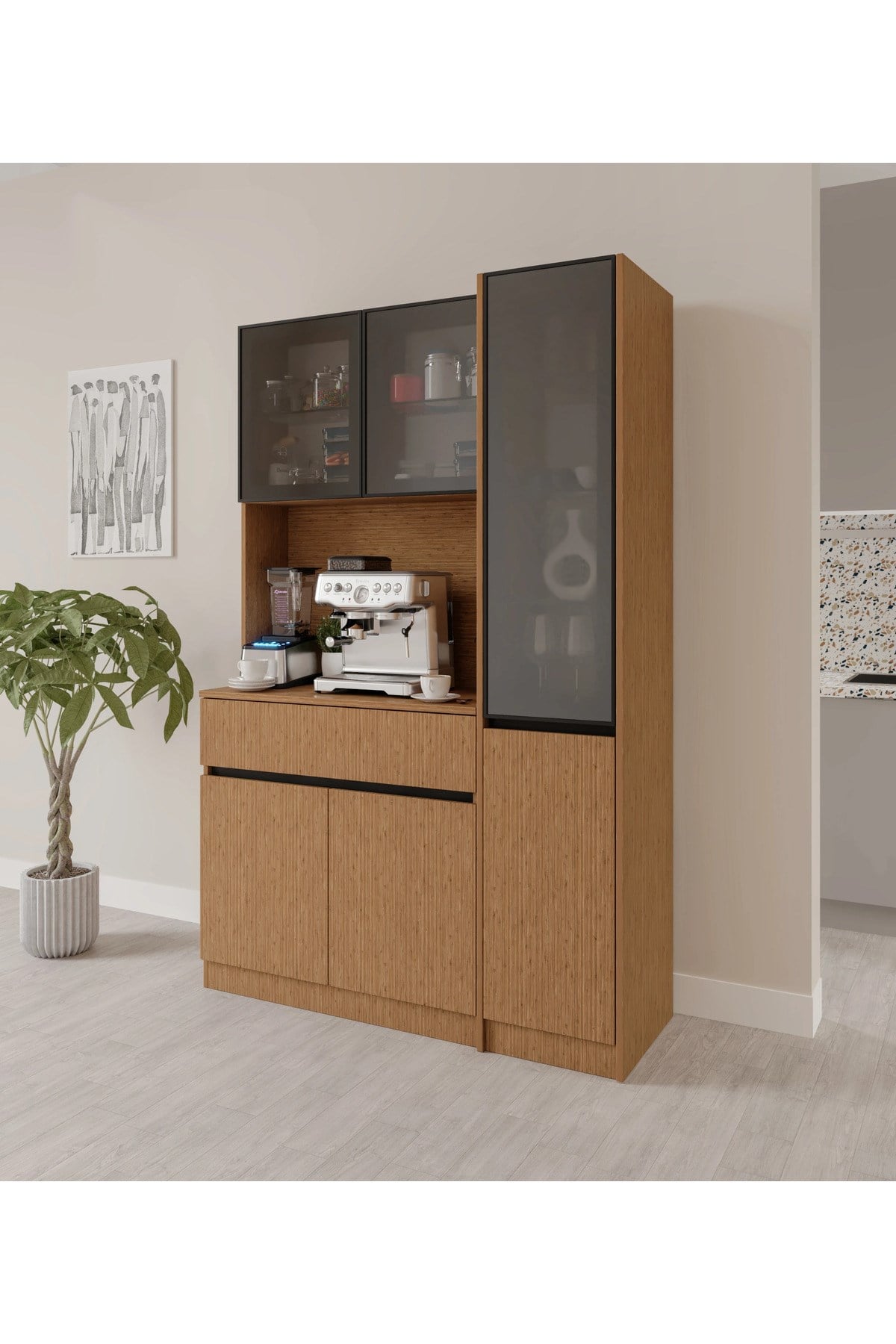  MaceraMobilya Çok Amaçlı Dolap Bambu Midi Sağ Vitrinli Komple MDF LED Aydınlatmalı Kahve Köşesi