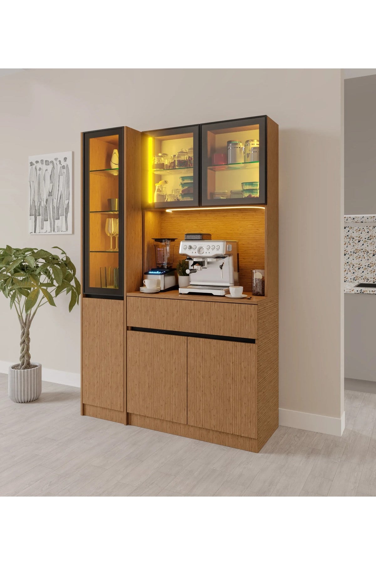  MaceraMobilya Çok Amaçlı Dolap Bambu Midi Sol Vitrinli Komple MDF LED Aydınlatmalı Kahve Köşesi