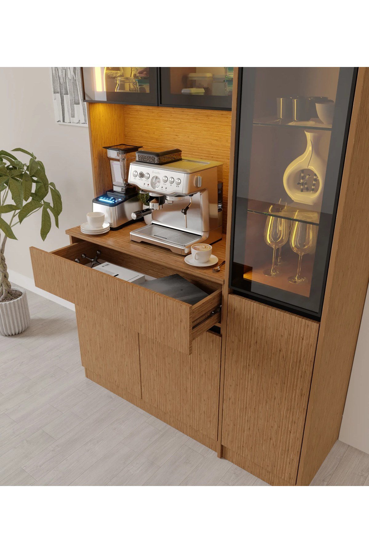  MaceraMobilya Çok Amaçlı Dolap Bambu Midi Sağ Vitrinli Komple MDF LED Aydınlatmalı Kahve Köşesi
