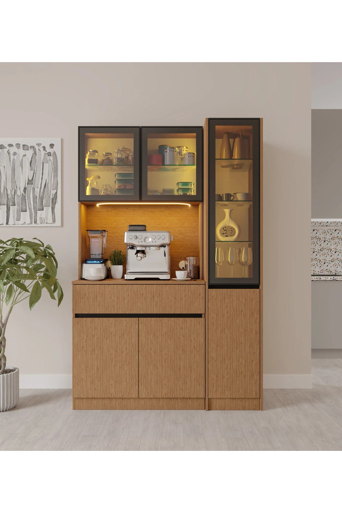  MaceraMobilya Çok Amaçlı Dolap Bambu Midi Sağ Vitrinli Komple MDF LED Aydınlatmalı Kahve Köşesi