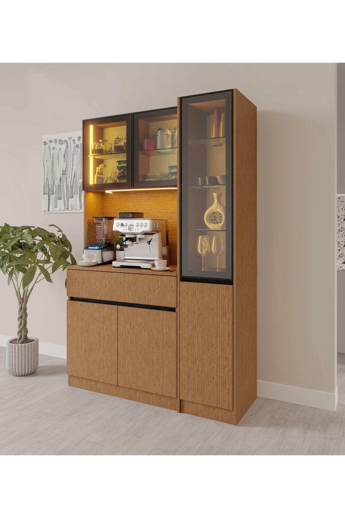  MaceraMobilya Çok Amaçlı Dolap Bambu Midi Sağ Vitrinli Komple MDF LED Aydınlatmalı Kahve Köşesi