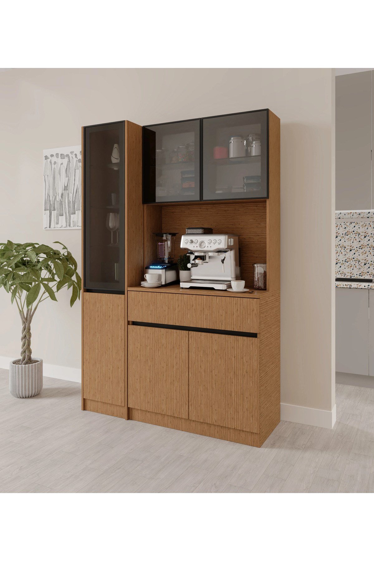  MaceraMobilya Çok Amaçlı Dolap Bambu Midi Sol Vitrinli Komple MDF LED Aydınlatmalı Kahve Köşesi
