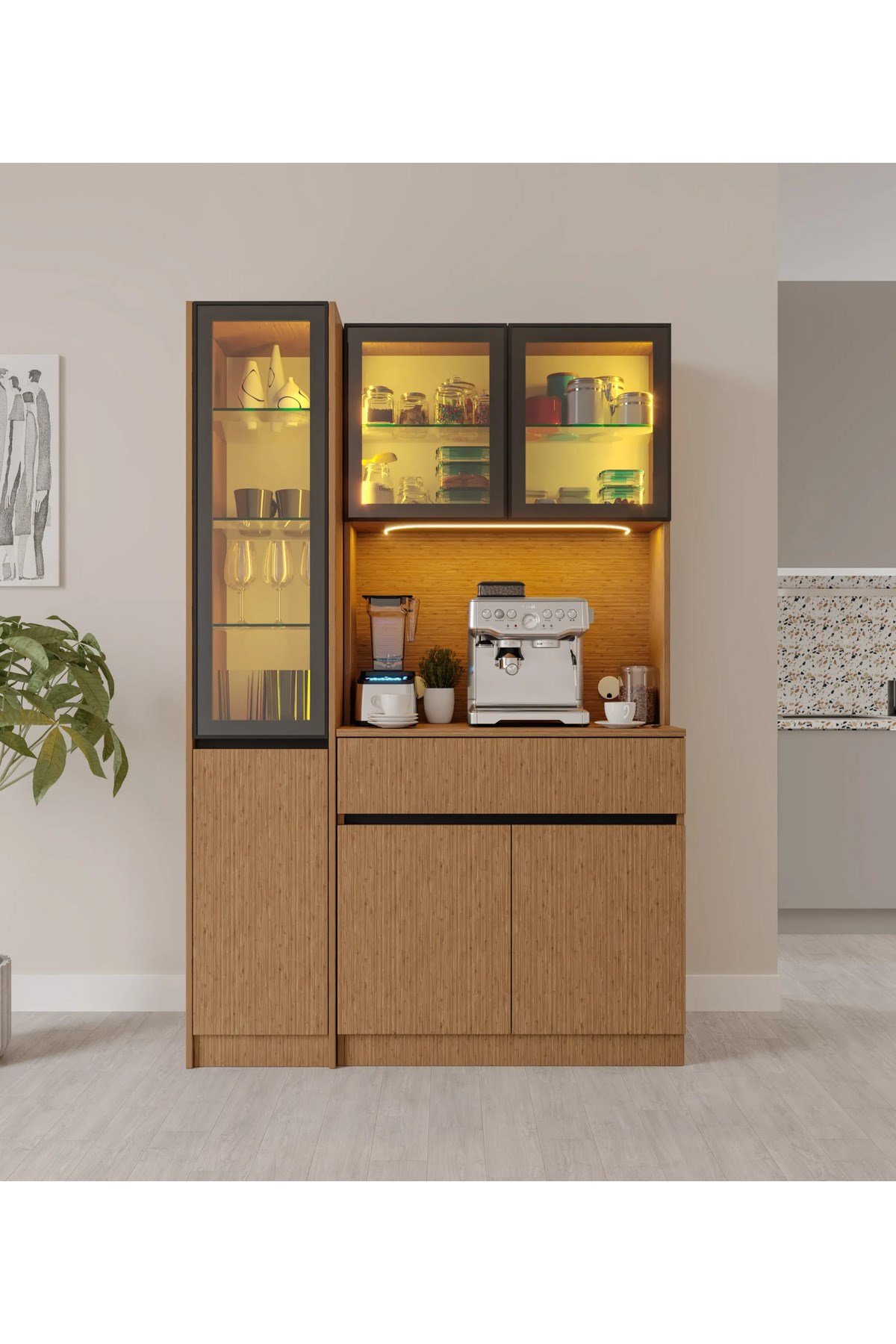  MaceraMobilya Çok Amaçlı Dolap Bambu Midi Sol Vitrinli Komple MDF LED Aydınlatmalı Kahve Köşesi
