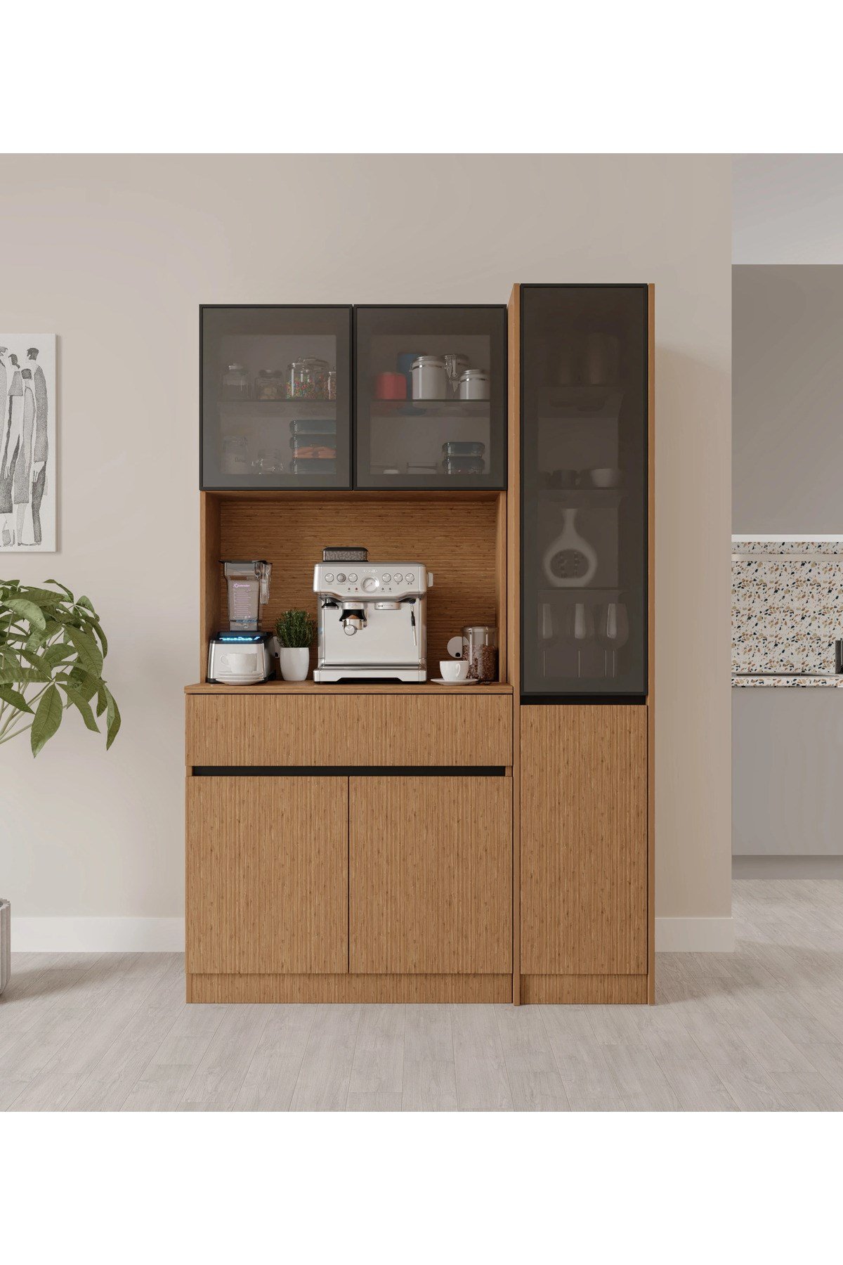  MaceraMobilya Çok Amaçlı Dolap Bambu Midi Sağ Vitrinli Komple MDF LED Aydınlatmalı Kahve Köşesi