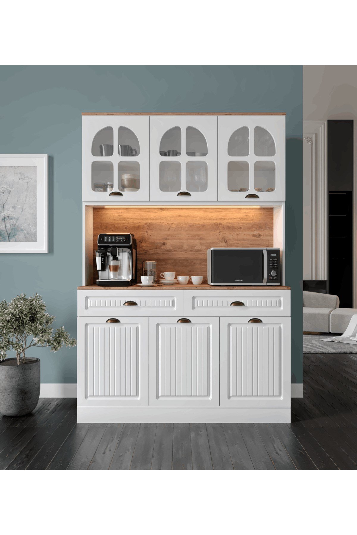  MaceraMobilya Çok Amaçlı Dolap Efes Kahve Köşesi - 140 cm MDF, LED Aydınlatmalı, Çok Amaçlı Mutfak ve Airfryer Dolabı (Ofis ve Ev)