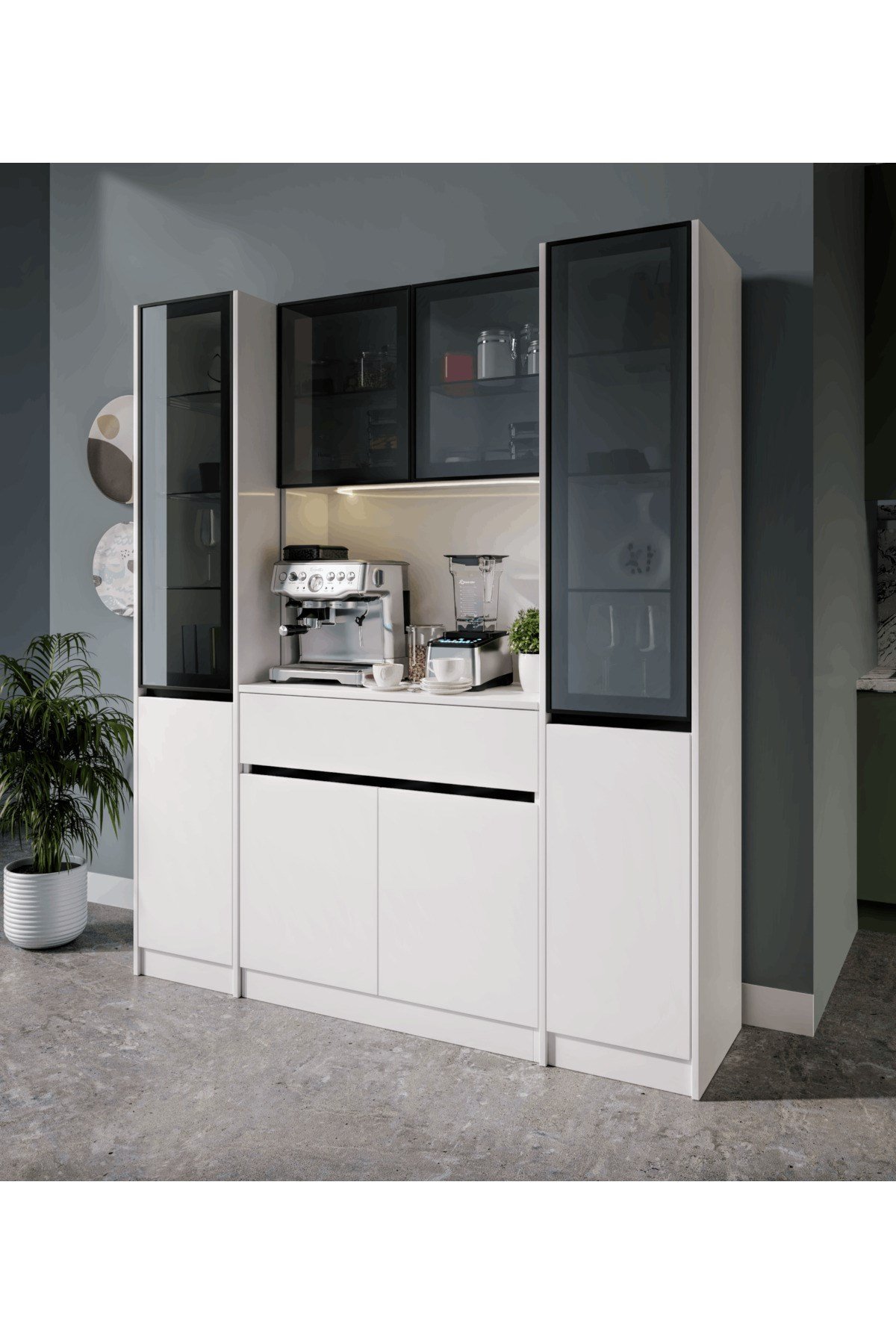  MaceraMobilya Çok Amaçlı Dolap Lotus Maxi Kahve Köşesi Komple MDF LED Aydınlatmalı Mutfak Kahve Dolabı