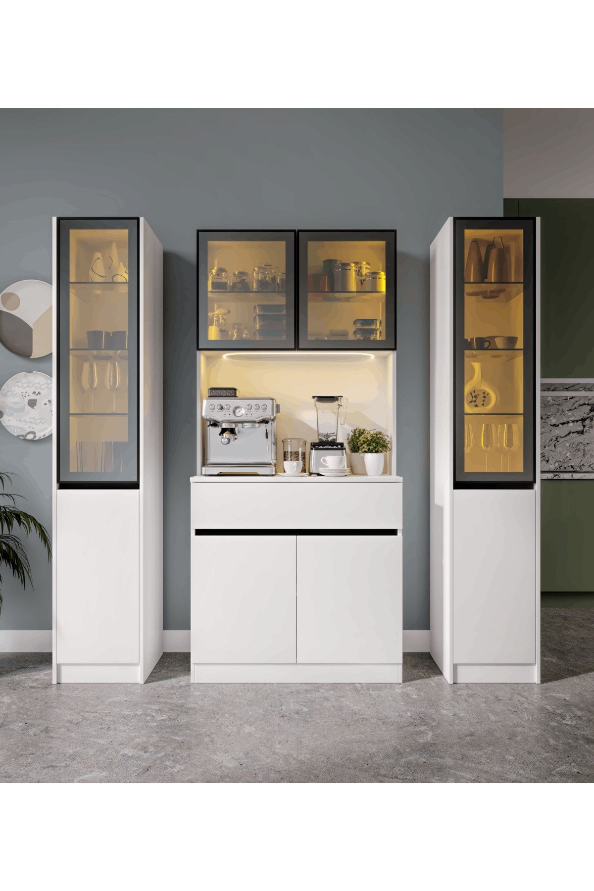  MaceraMobilya Çok Amaçlı Dolap Lotus Maxi Kahve Köşesi Komple MDF LED Aydınlatmalı Mutfak Kahve Dolabı