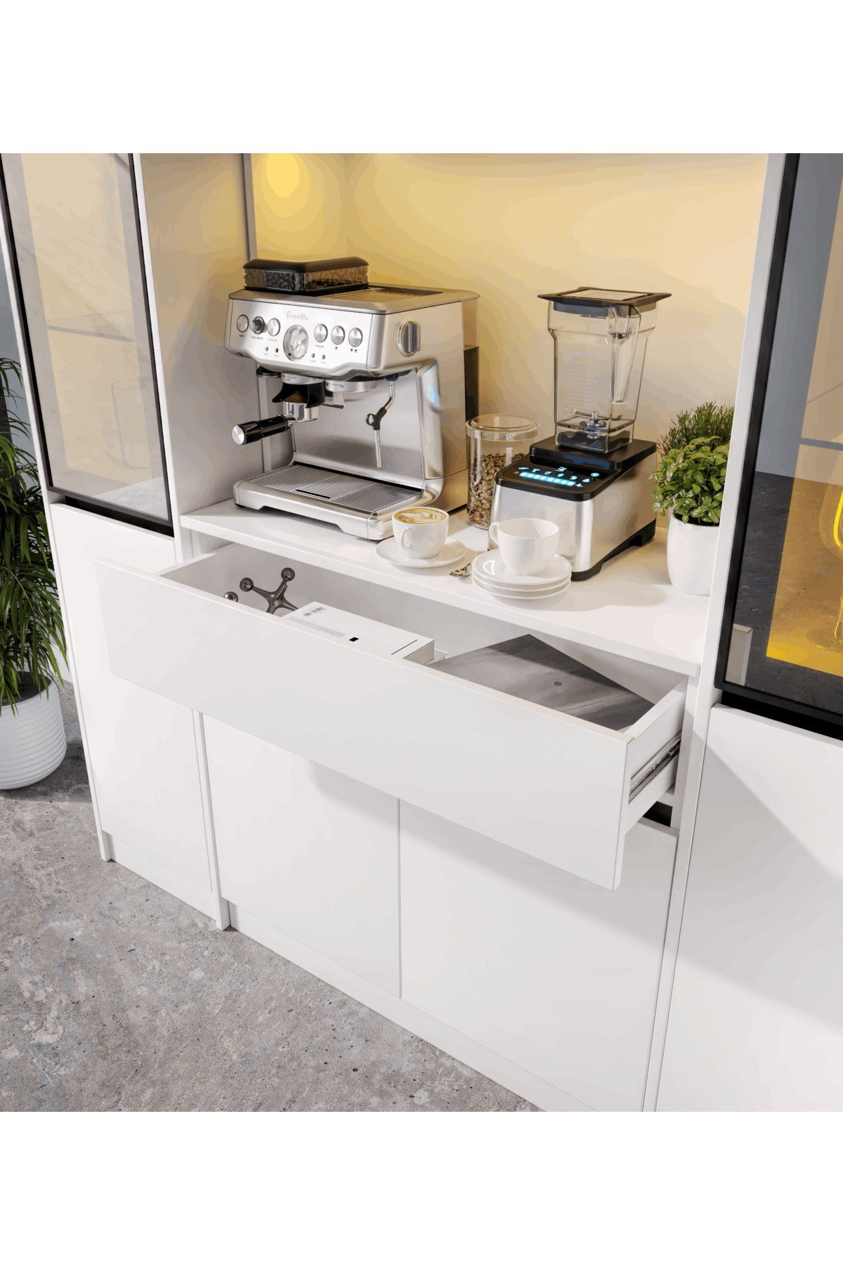  MaceraMobilya Çok Amaçlı Dolap Lotus Maxi Kahve Köşesi Komple MDF LED Aydınlatmalı Mutfak Kahve Dolabı