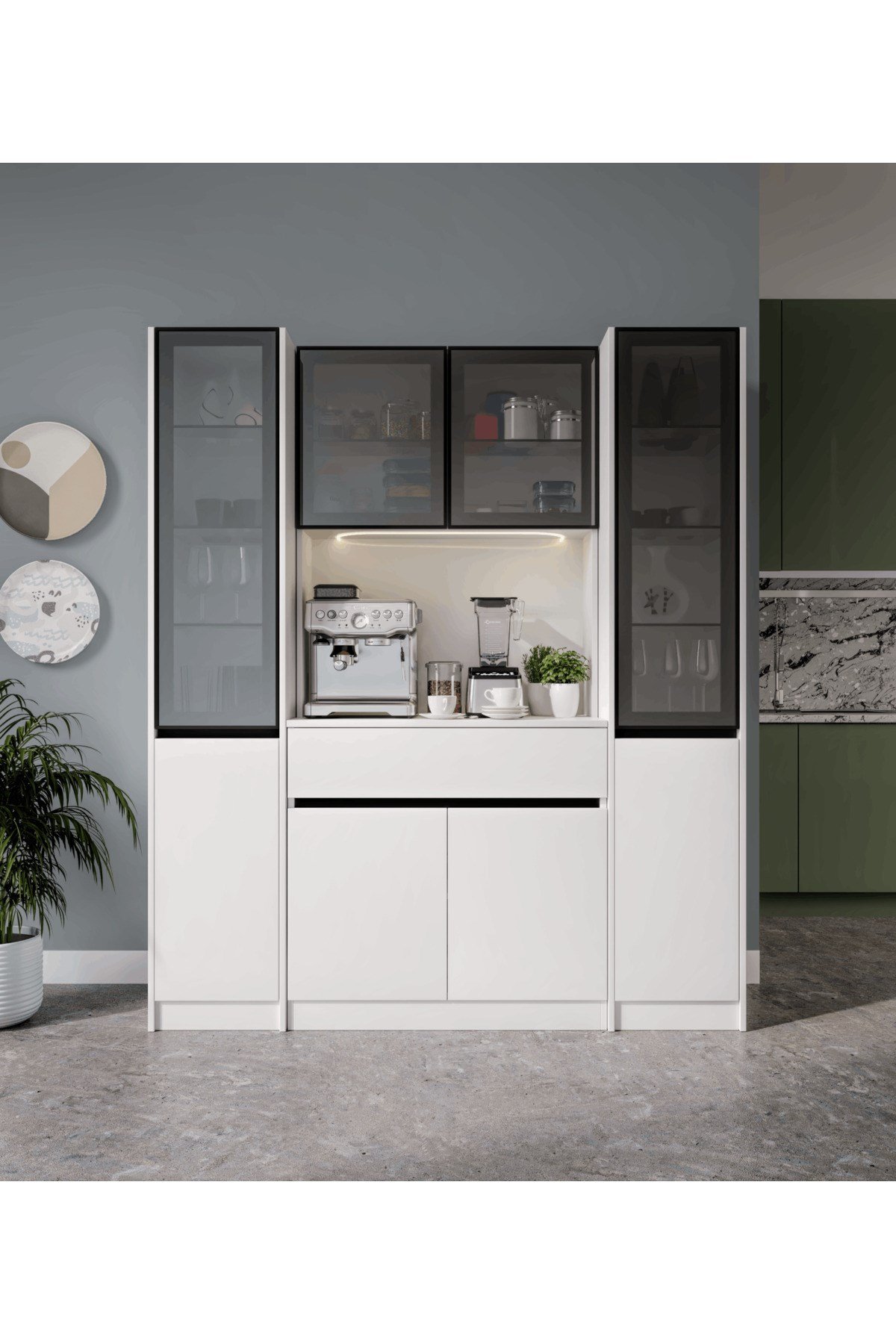  MaceraMobilya Çok Amaçlı Dolap Lotus Maxi Kahve Köşesi Komple MDF LED Aydınlatmalı Mutfak Kahve Dolabı