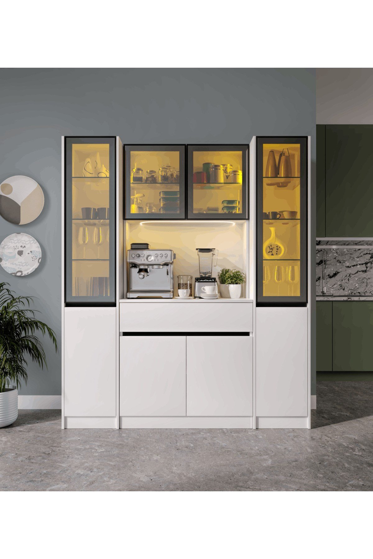  MaceraMobilya Çok Amaçlı Dolap Lotus Maxi Kahve Köşesi Komple MDF LED Aydınlatmalı Mutfak Kahve Dolabı