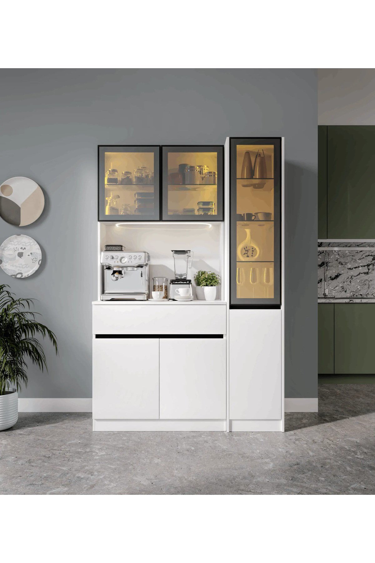  MaceraMobilya Çok Amaçlı Dolap Lotus Midi Sağ Vitrinli Kahve Köşesi Komple MDF LED Mutfak Dolabı