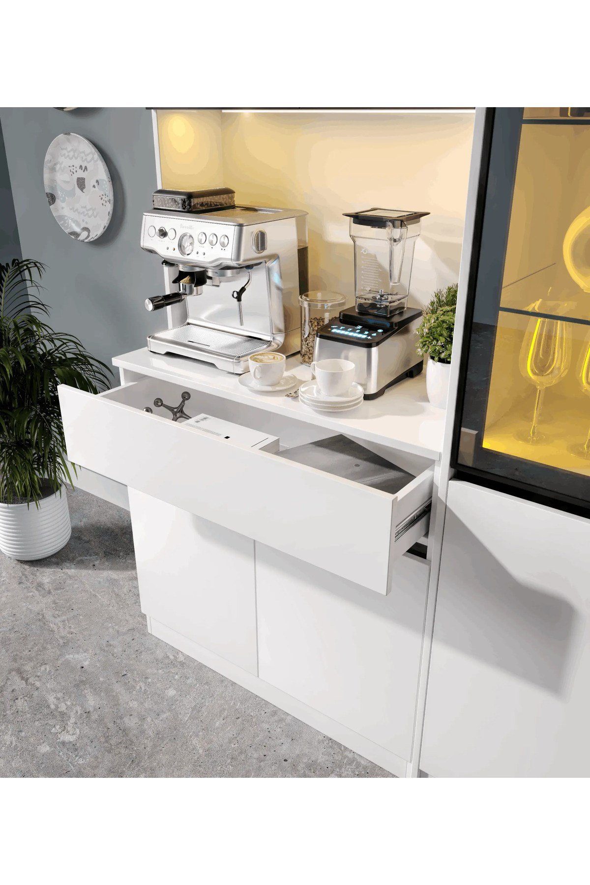  MaceraMobilya Çok Amaçlı Dolap Lotus Midi Sağ Vitrinli Kahve Köşesi Komple MDF LED Mutfak Dolabı