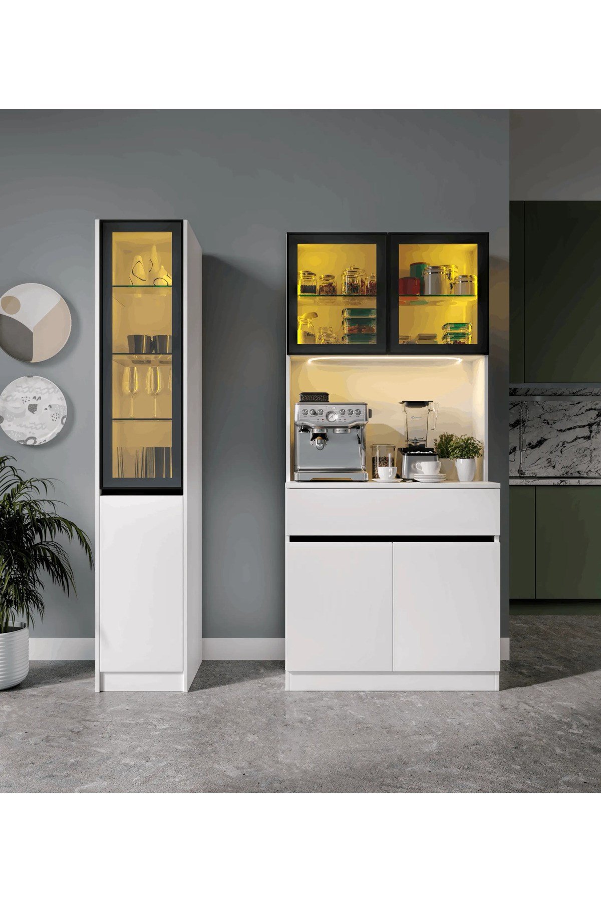  MaceraMobilya Çok Amaçlı Dolap Lotus Midi Sağ Vitrinli Kahve Köşesi Komple MDF LED Mutfak Dolabı
