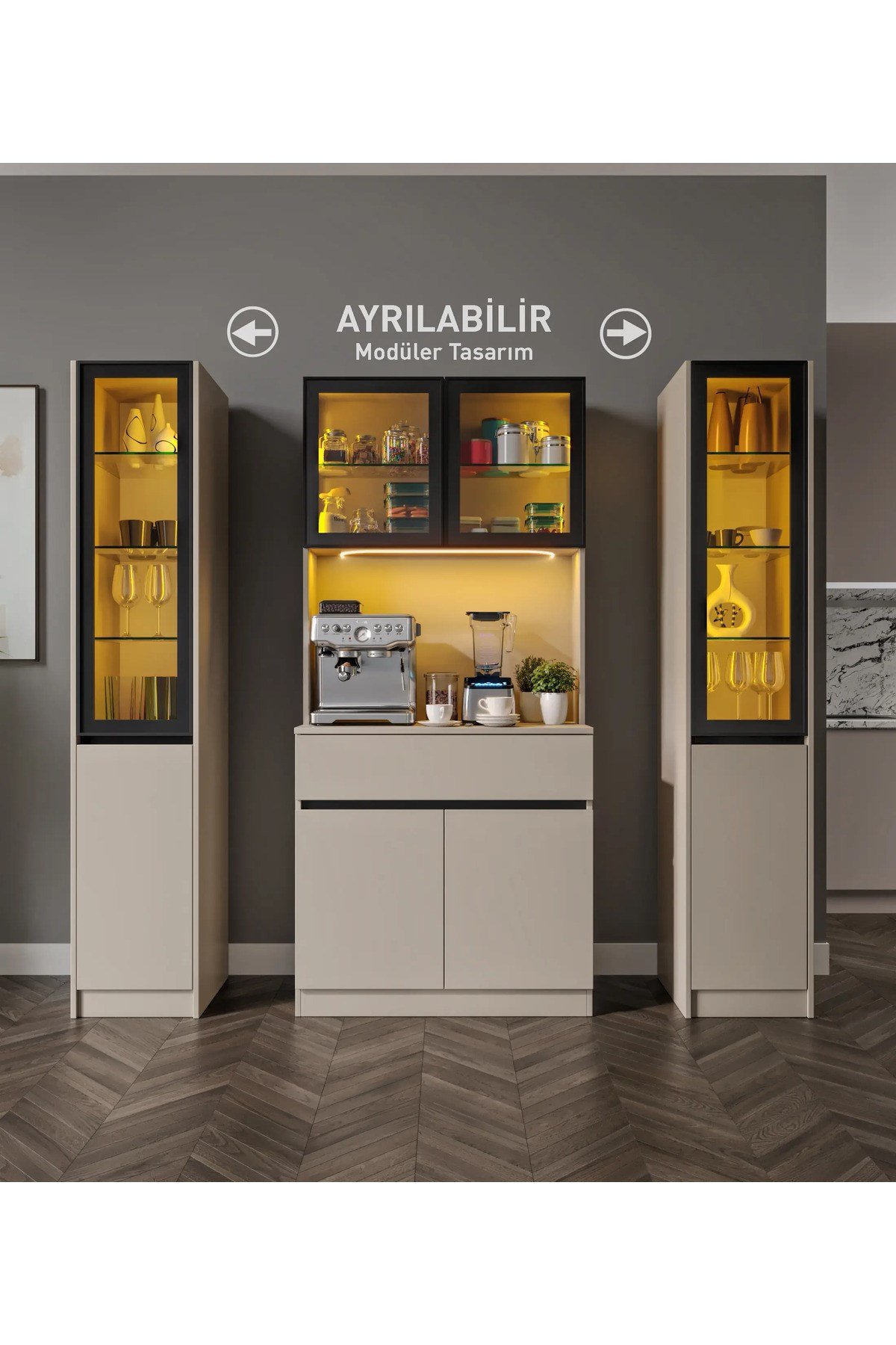  MaceraMobilya Çok Amaçlı Dolap Viona Maxi Kum Beji Komple MDF LED Aydınlatmalı Kahve Köşesi