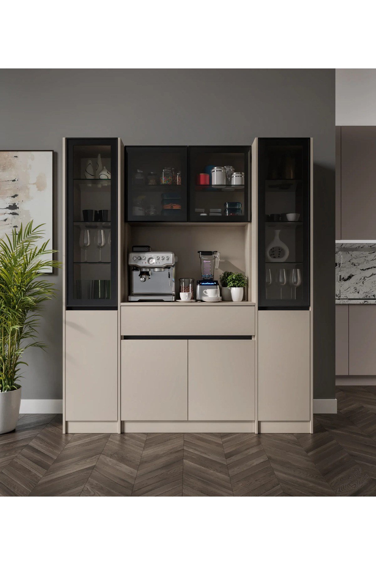  MaceraMobilya Çok Amaçlı Dolap Viona Maxi Kum Beji Komple MDF LED Aydınlatmalı Kahve Köşesi
