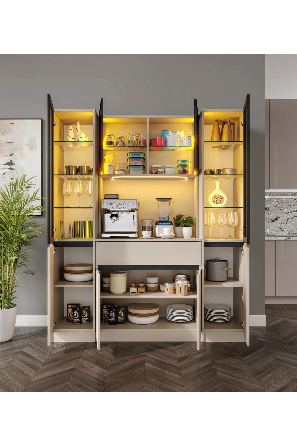  MaceraMobilya Çok Amaçlı Dolap Viona Maxi Kum Beji Komple MDF LED Aydınlatmalı Kahve Köşesi