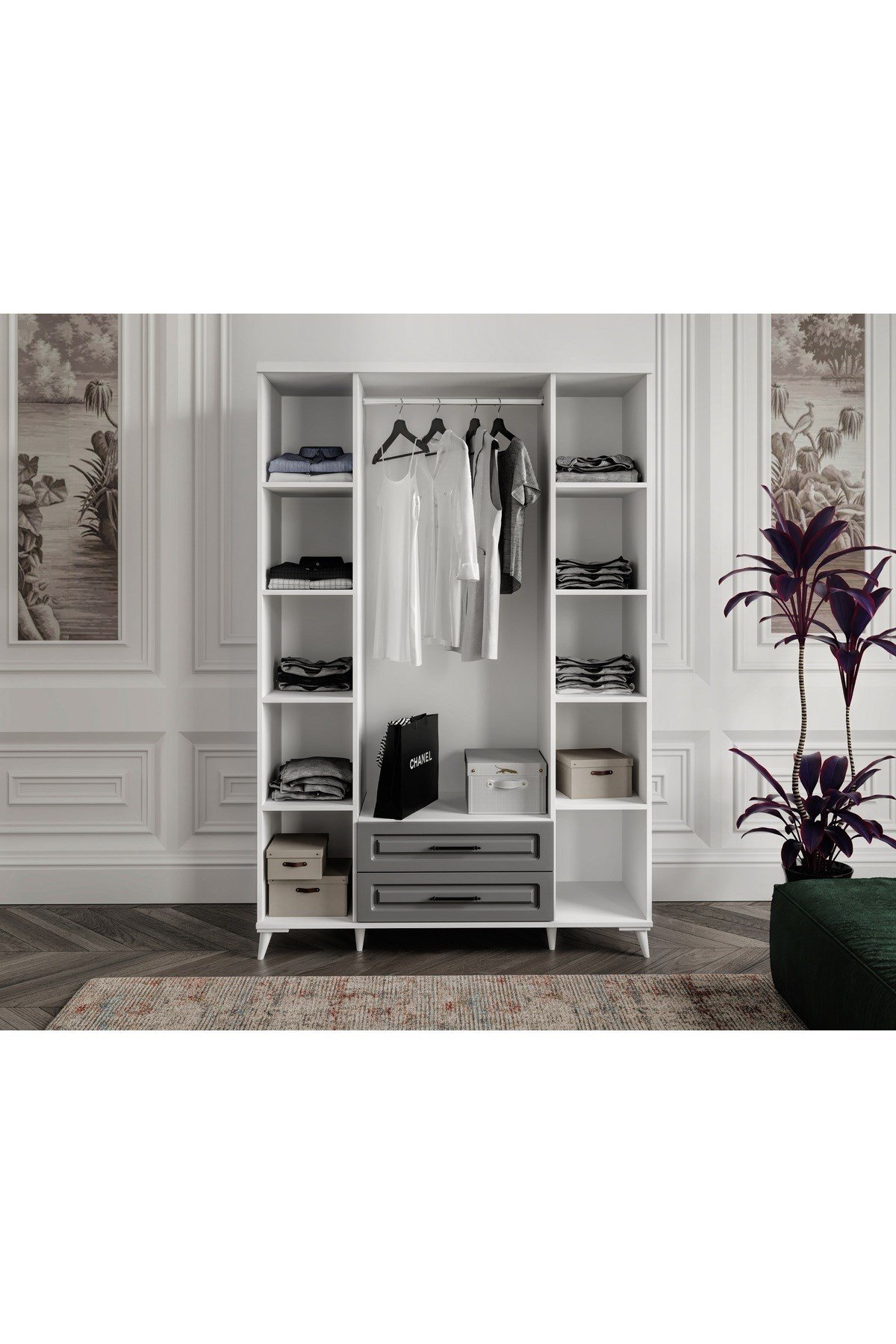 MaceraMobilya Dolap ve Gardırop %100 MDF 4 Kapaklı Antrasit Beyaz Gardırop - MDF Dolap - Elbise Dolabı - Yatak Odası Dolabı - Elbise Dolabı