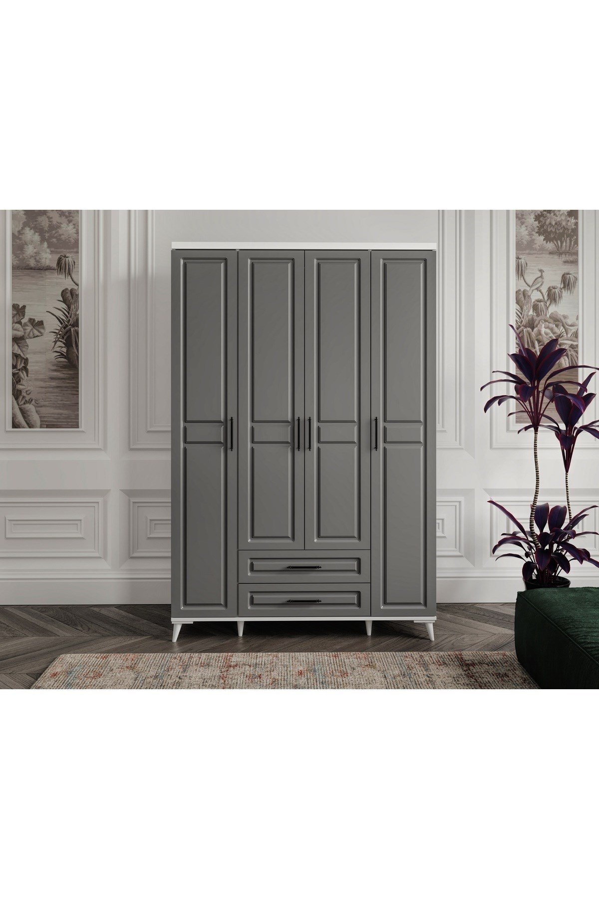  MaceraMobilya Dolap ve Gardırop %100 MDF 4 Kapaklı Antrasit Beyaz Gardırop - MDF Dolap - Elbise Dolabı - Yatak Odası Dolabı - Elbise Dolabı