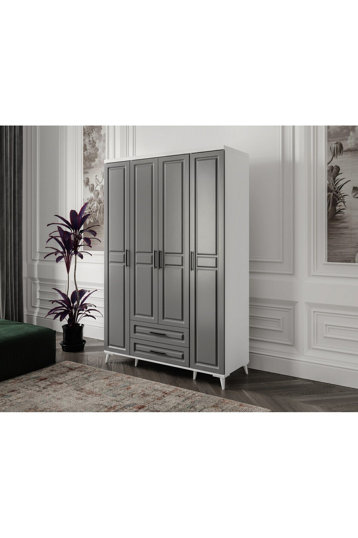  MaceraMobilya Dolap ve Gardırop %100 MDF 4 Kapaklı Antrasit Beyaz Gardırop - MDF Dolap - Elbise Dolabı - Yatak Odası Dolabı - Elbise Dolabı