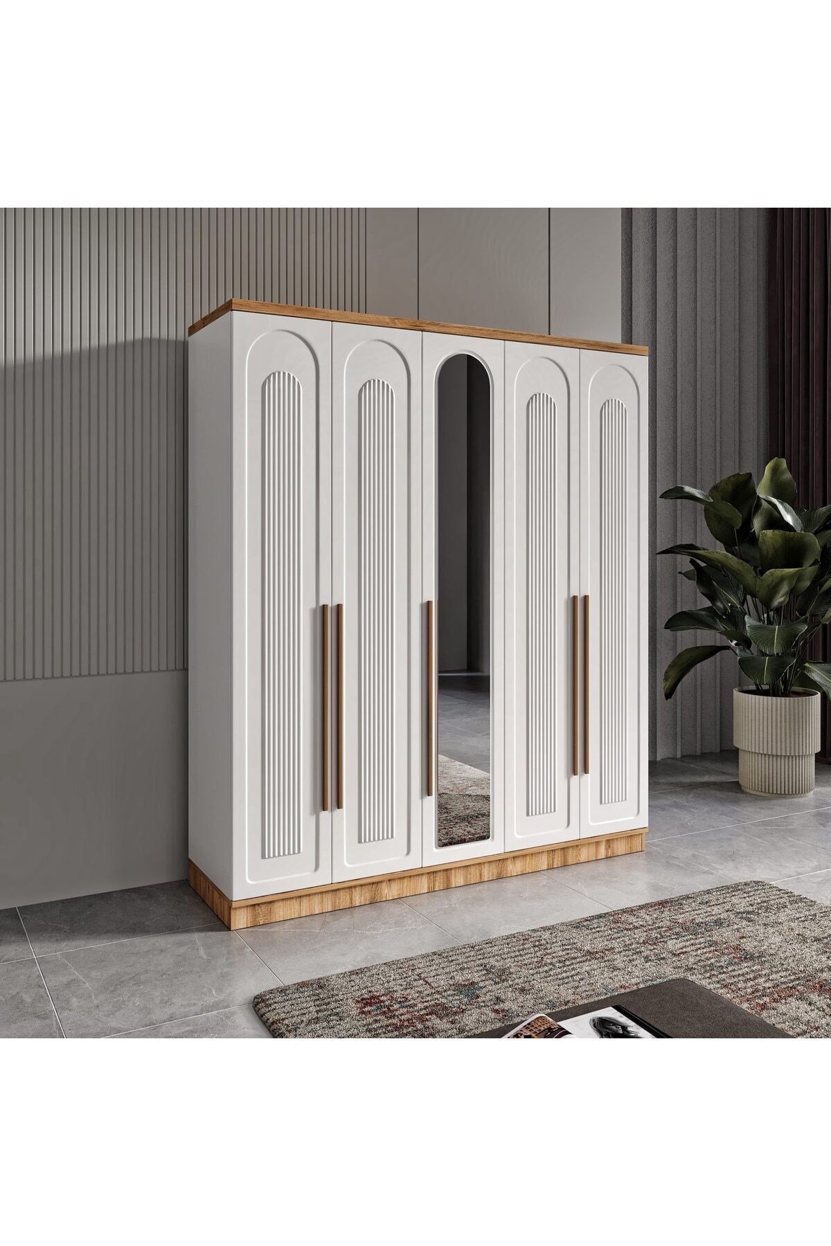  MaceraMobilya Dolap ve Gardırop 5 Kapaklı Aynalı Komple MDF Desenli Modern Beyaz Gardırop Yatak Odası Dolabı - Elbise Dolabı