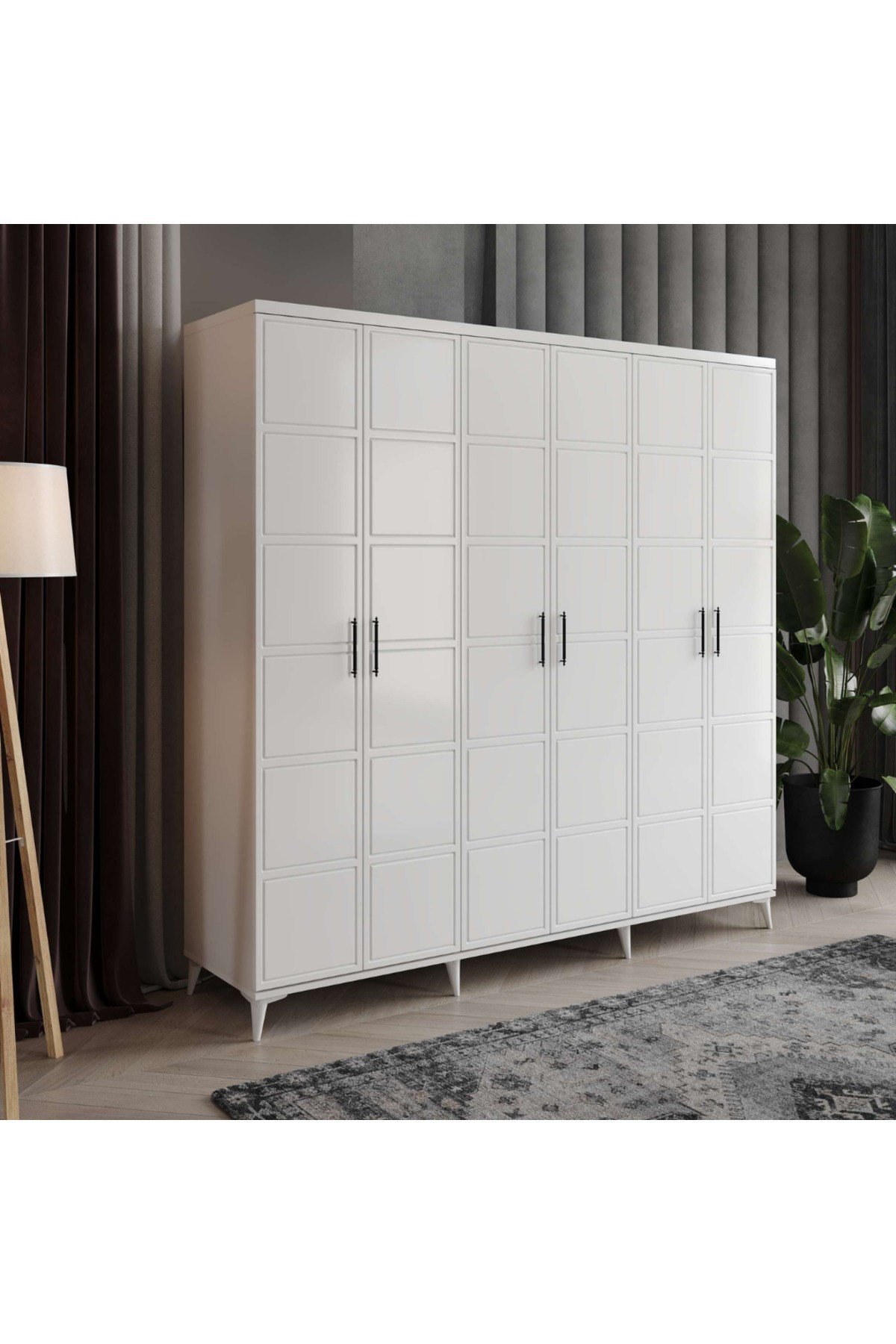  MaceraMobilya Dolap ve Gardırop 6 Kapaklı Beyaz Kare Desenli MDF Gardırop Yatak Odası Dolabı - Elbise Dolabı