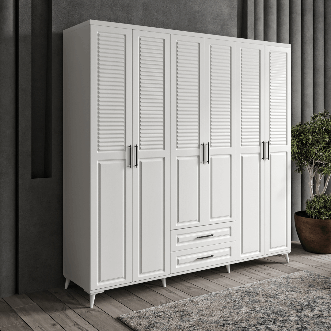  MaceraMobilya Dolap ve Gardırop Komple MDF Sanat 6 Kapaklı Çekmeceli Beyaz Gardırop