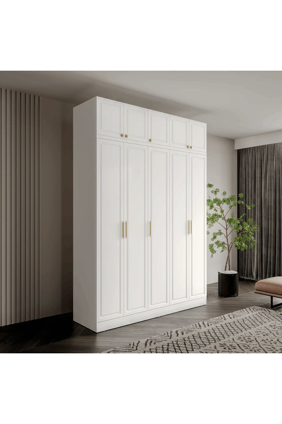  MaceraMobilya Dolap ve Gardırop Milas Gold 5 Kapaklı Komple MDF Yüklüklü Gardırop Yatak Odası Dolabı - Elbise Dolabı