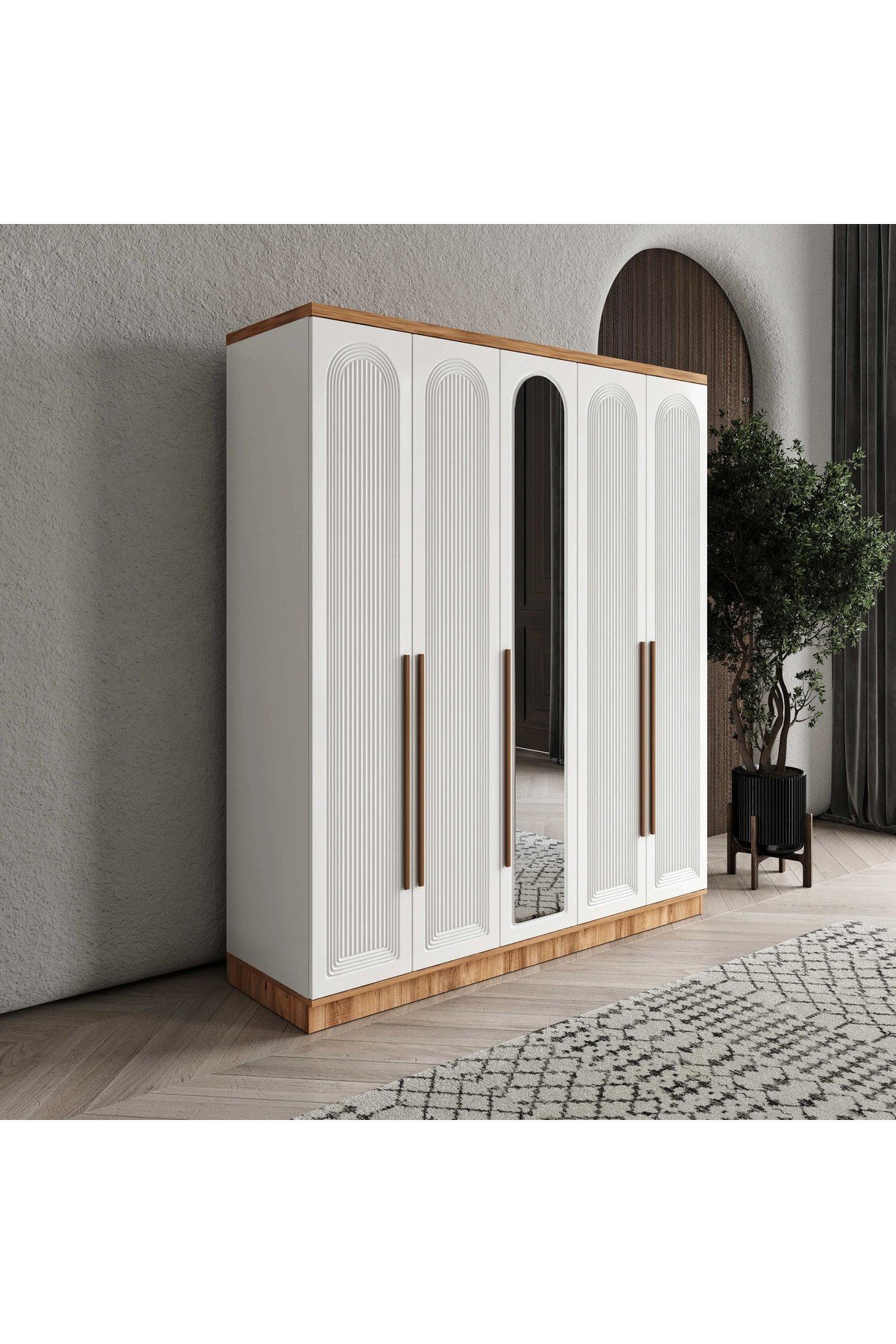  MaceraMobilya Dolap ve Gardırop Rosa 5 Kapaklı Aynalı Komple MDF Gardırop Yatak Odası Dolabı - Elbise Dolabı