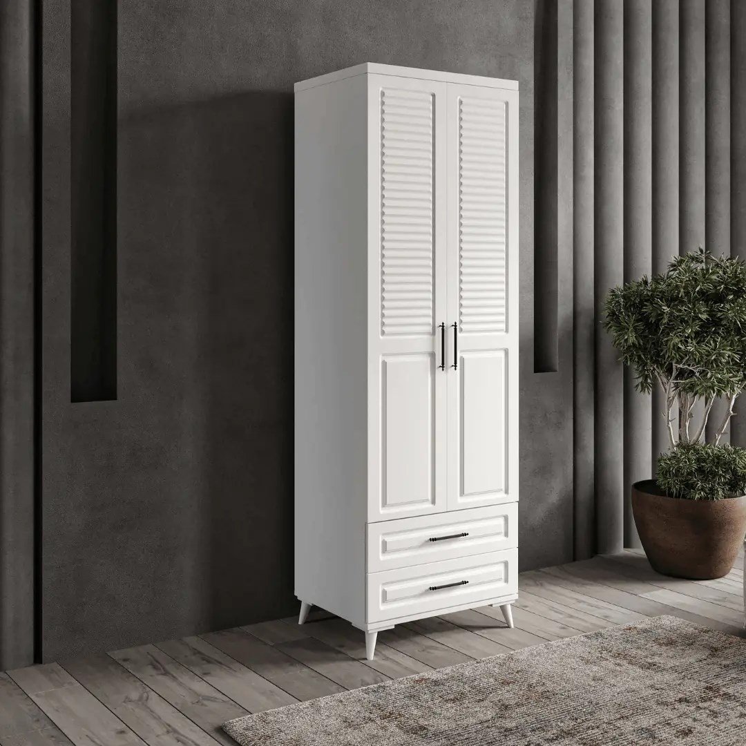  MaceraMobilya Dolap ve Gardırop Sanat 2 Kapaklı Çekmeceli Komple MDF Beyaz Sade Gardırop Yatak Odası Dolabı