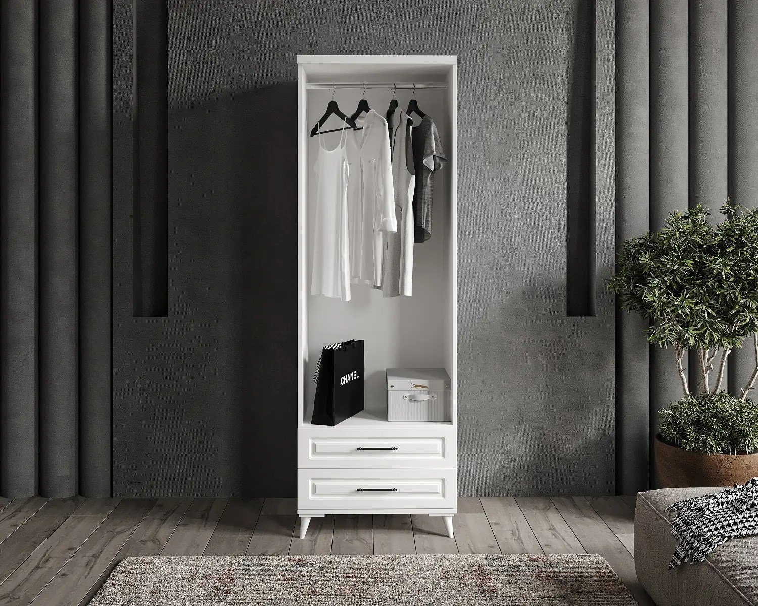 MaceraMobilya Dolap ve Gardırop Sanat 2 Kapaklı Çekmeceli Komple MDF Beyaz Sade Gardırop Yatak Odası Dolabı