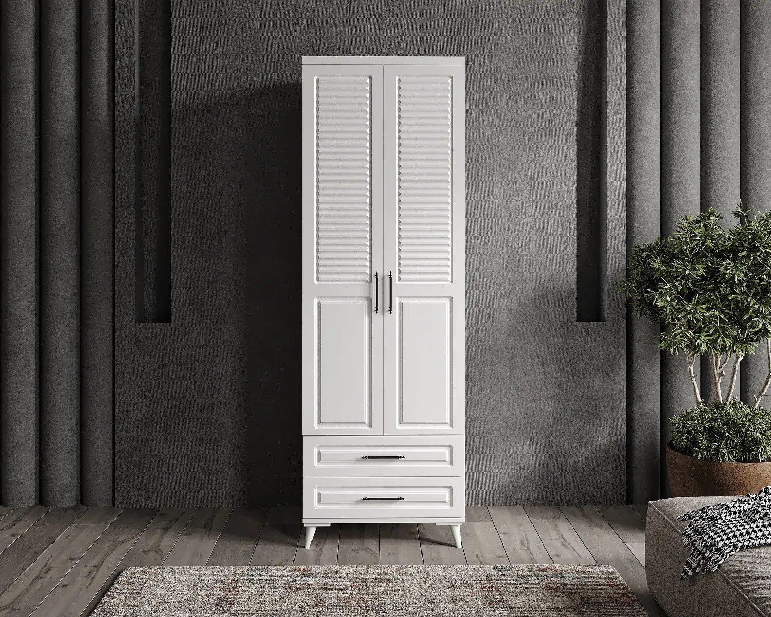  MaceraMobilya Dolap ve Gardırop Sanat 2 Kapaklı Çekmeceli Komple MDF Beyaz Sade Gardırop Yatak Odası Dolabı