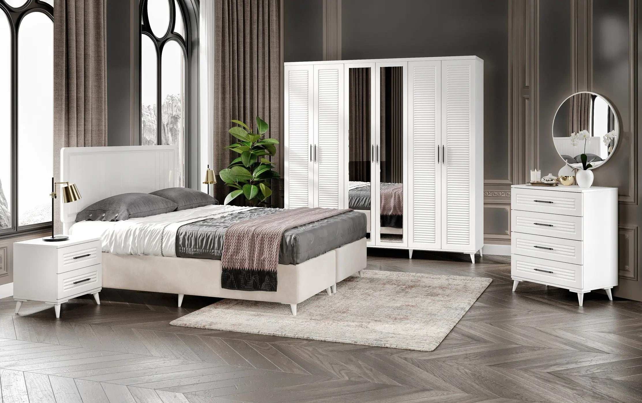  MaceraMobilya Yatak Odası Takımı Paris 6 Kapaklı Komple MDF Beyaz Yatak Odası Takımı