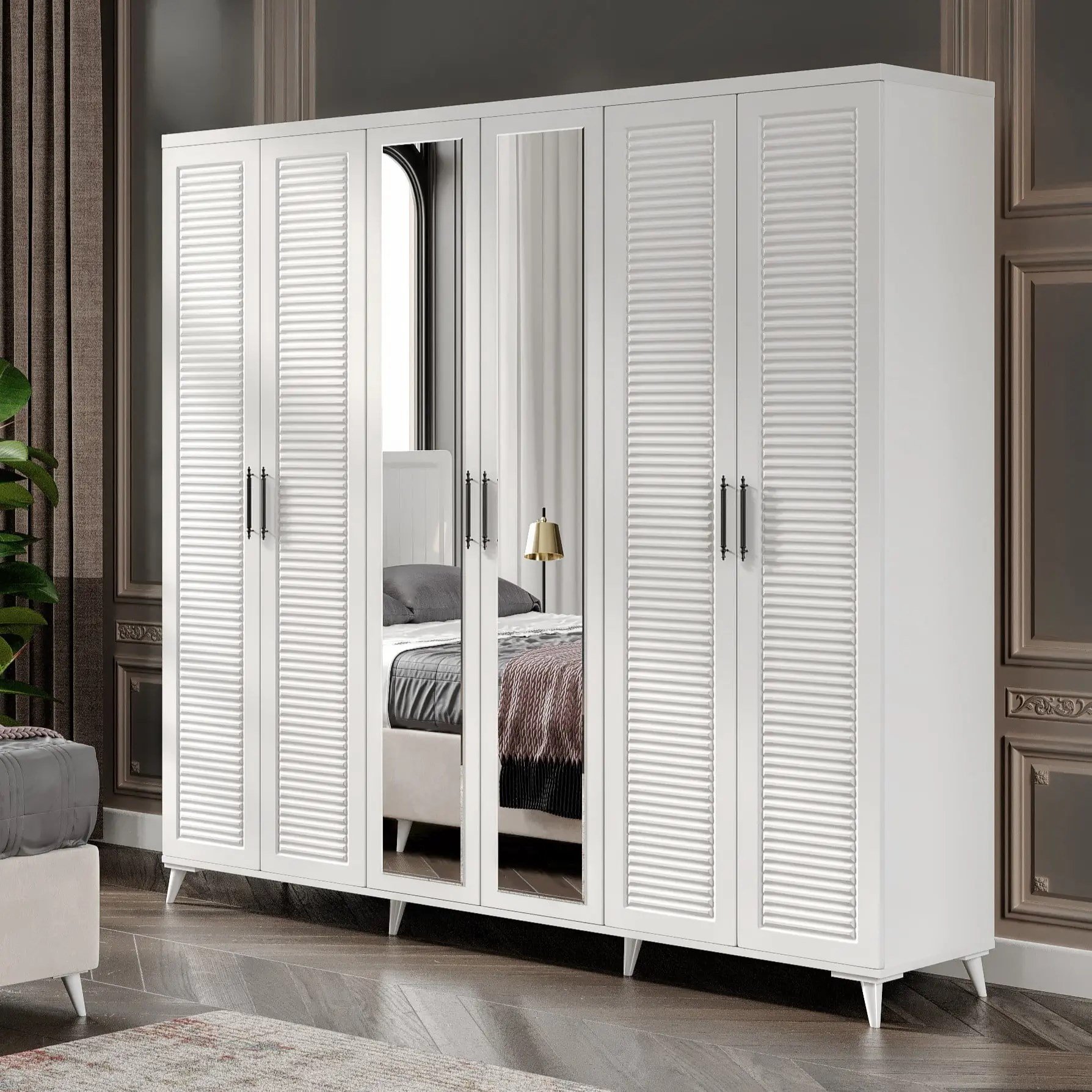  MaceraMobilya Yatak Odası Takımı Paris 6 Kapaklı Komple MDF Beyaz Yatak Odası Takımı