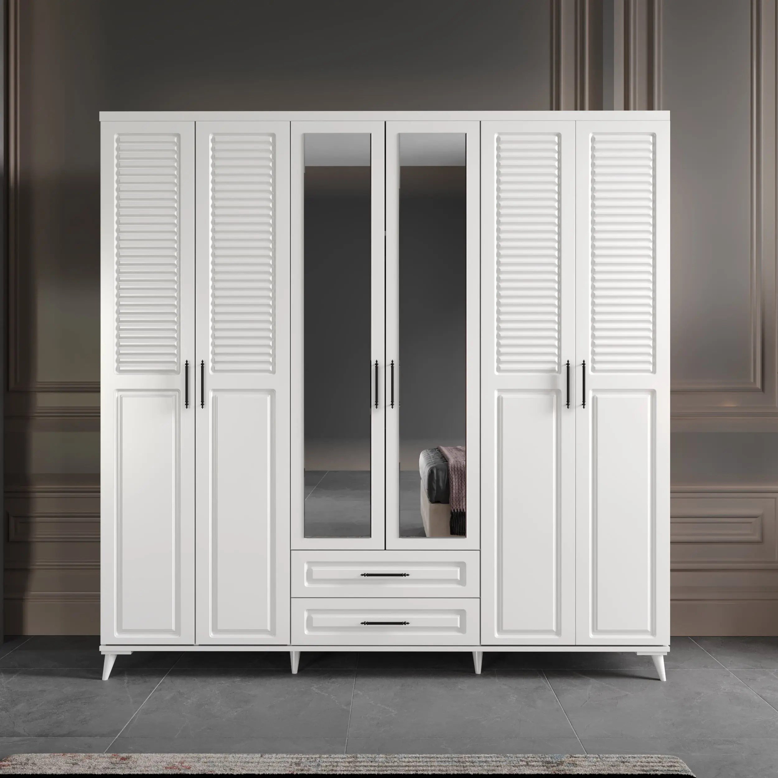  MaceraMobilya Yatak Odası Takımı Sanat 6 Kapılı Komple MDF Beyaz Yatak Odası Takımı
