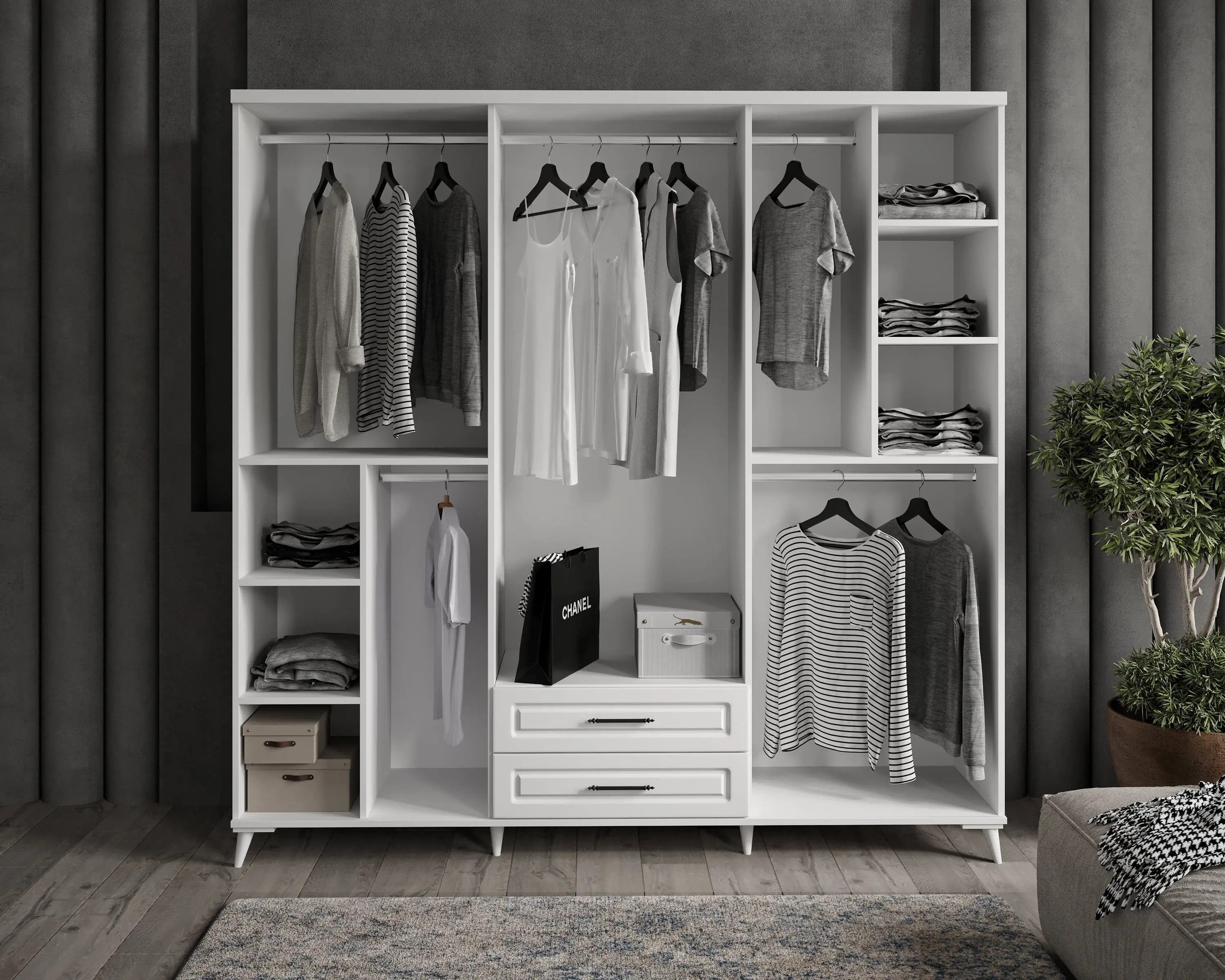  MaceraMobilya Yatak Odası Takımı Sanat 6 Kapılı Komple MDF Beyaz Yatak Odası Takımı