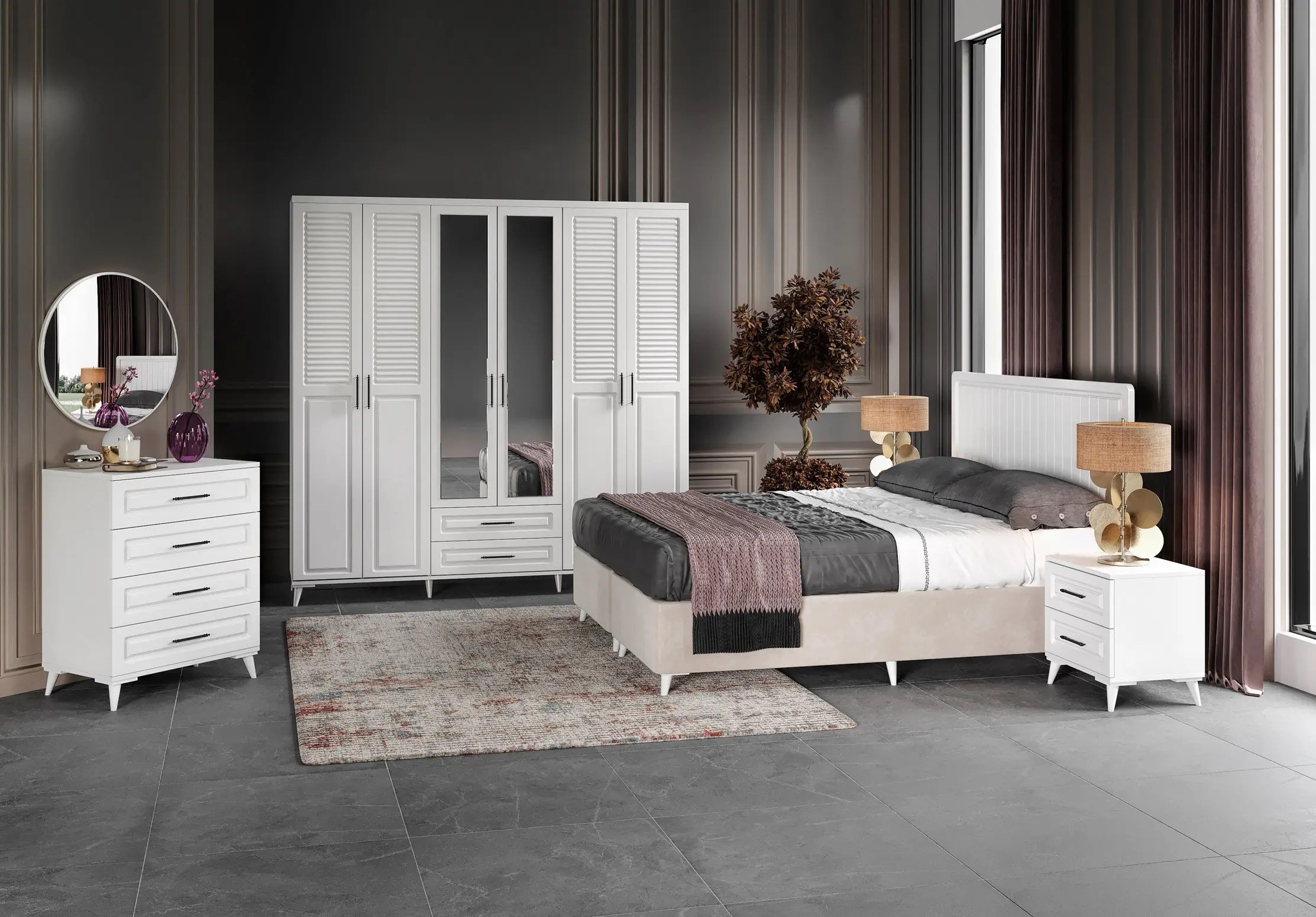  MaceraMobilya Yatak Odası Takımı Sanat 6 Kapılı Komple MDF Beyaz Yatak Odası Takımı