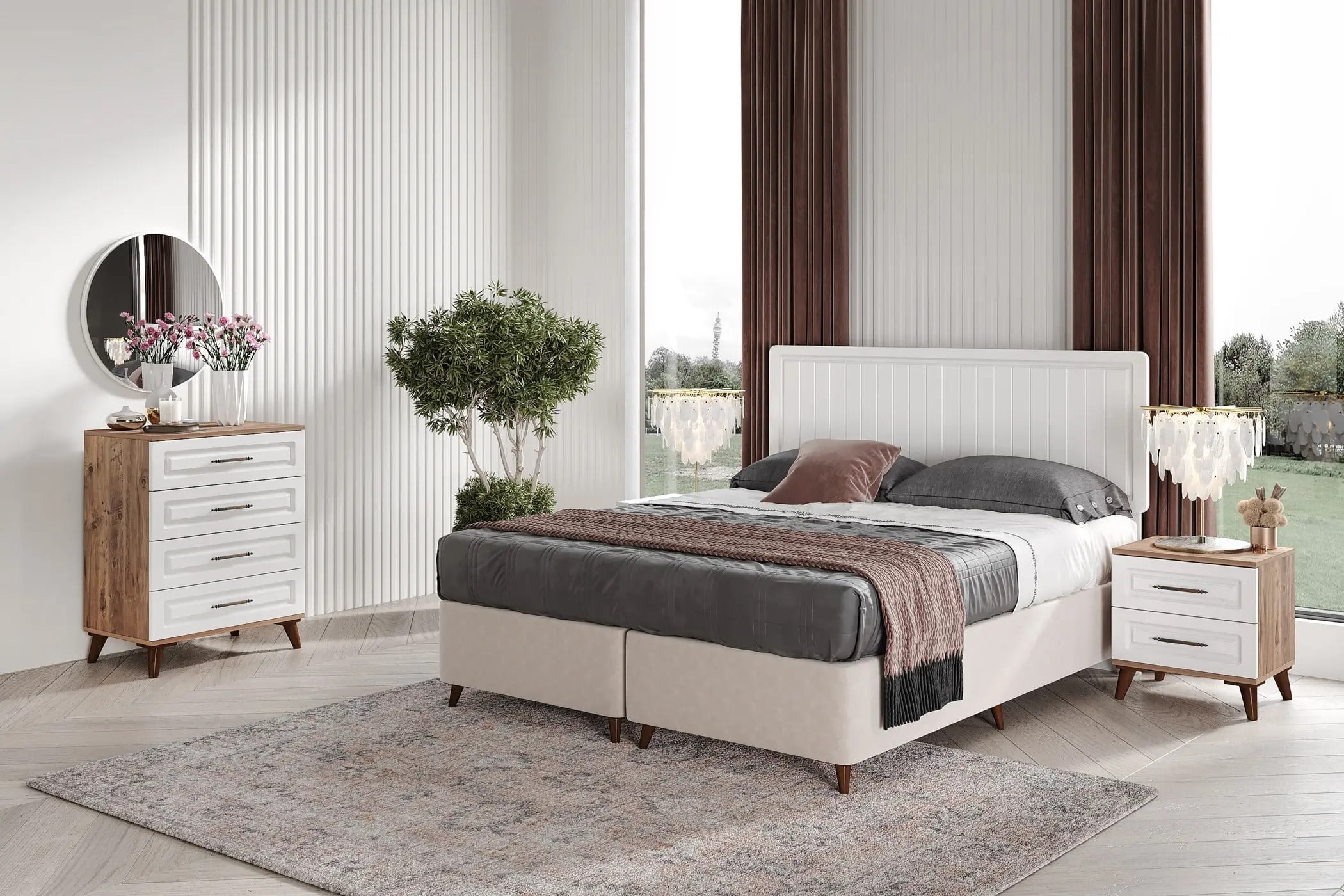 MaceraMobilya Yatak Odası Takımı Sport 6 Kapılı Komple MDF Atlantik Çam-Beyaz Yatak Odası Takımı