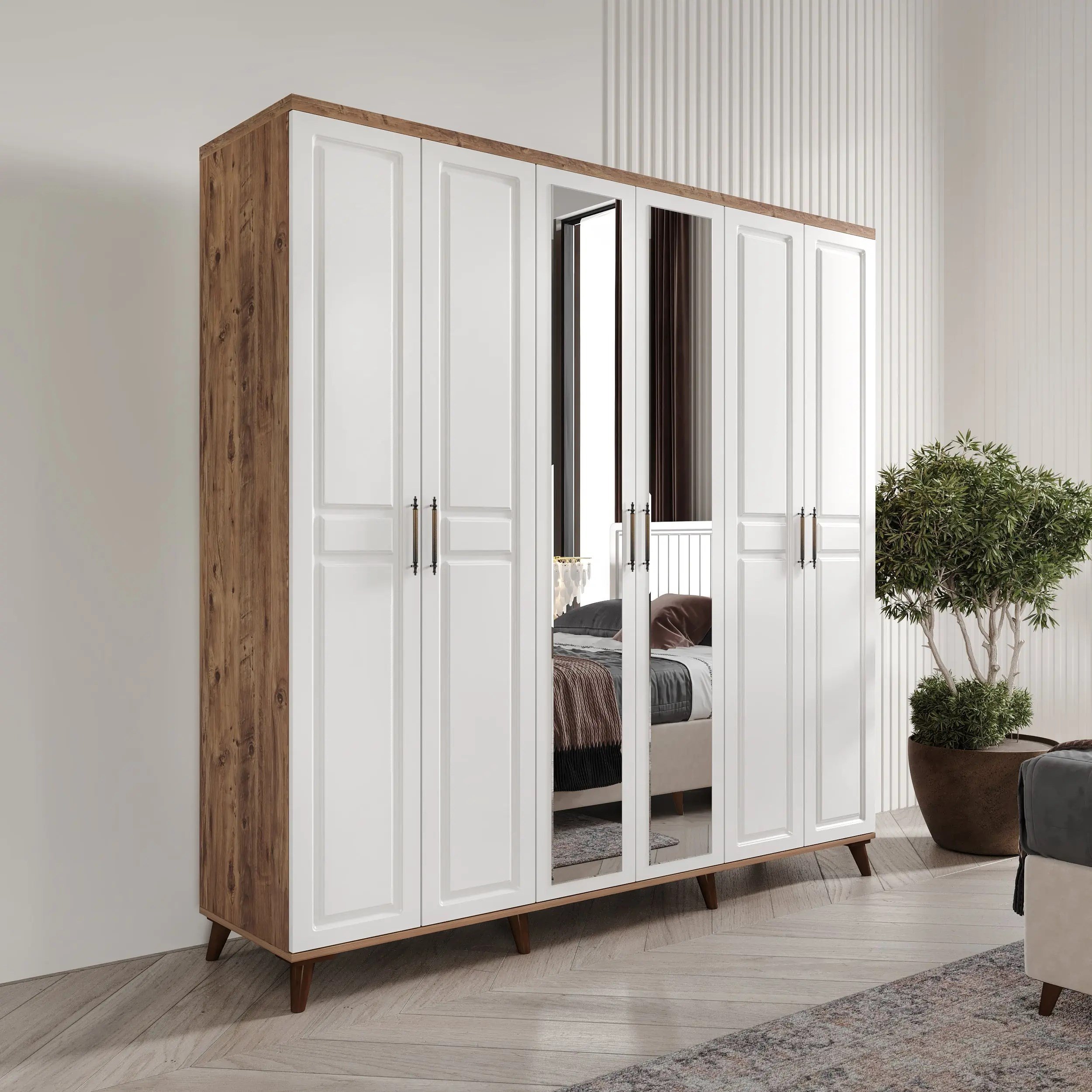  MaceraMobilya Yatak Odası Takımı Sport 6 Kapılı Komple MDF Atlantik Çam-Beyaz Yatak Odası Takımı