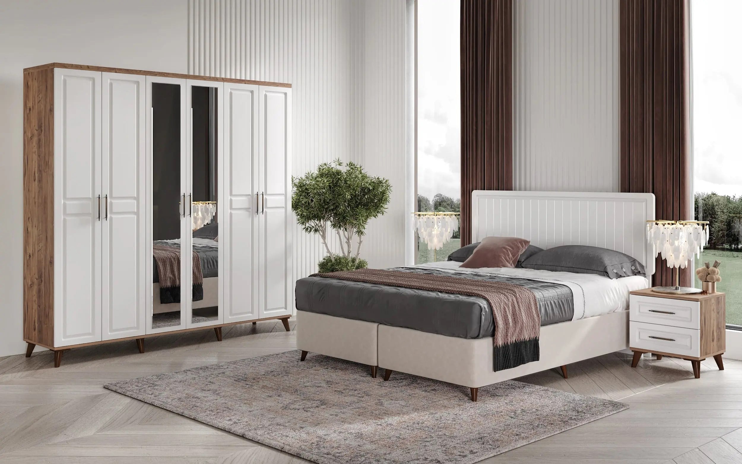  MaceraMobilya Yatak Odası Takımı Sport 6 Kapılı Komple MDF Atlantik Çam-Beyaz Yatak Odası Takımı