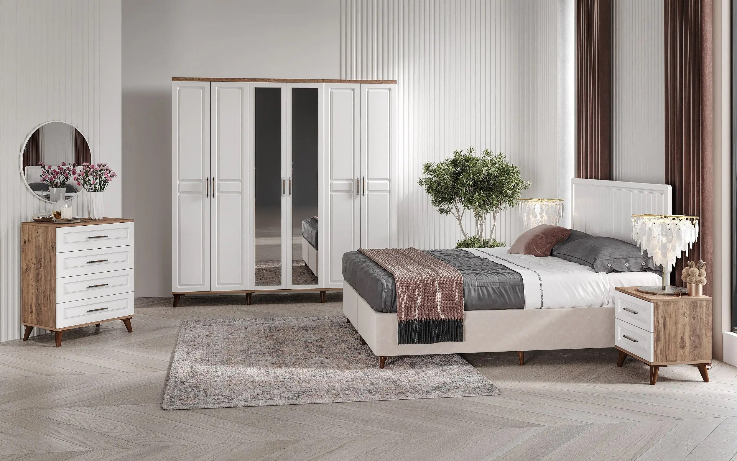  MaceraMobilya Yatak Odası Takımı Sport 6 Kapılı Komple MDF Atlantik Çam-Beyaz Yatak Odası Takımı